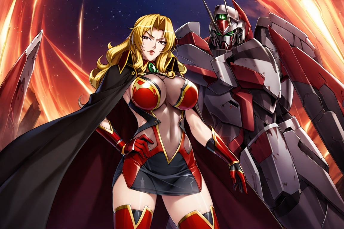 masterpiece, best quality, 1girl, perfect face, perfect eyes,AliciaViewstream, solo, general, official art,  looking at viewer, v-shaped eyebrows, red lips, see-through impossible bodysuit, alicia's thigh boots, alicia's gauntlets, high collar cape,  outer_space, mechas, official art, draw by Kagami, AliciaViewstream, ,Enhanced All