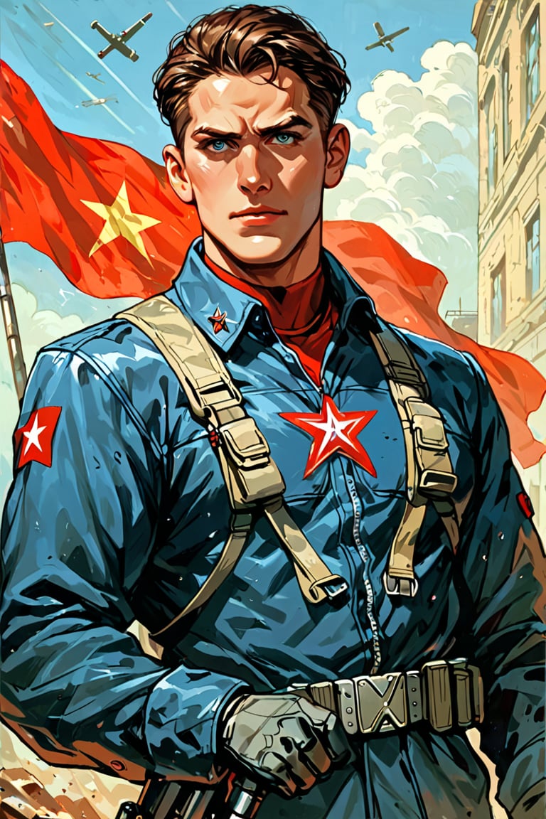 8k uhd,score_9,score_8_up,score_7_up,soviet poster,iron man, superhero holding soviet flag,