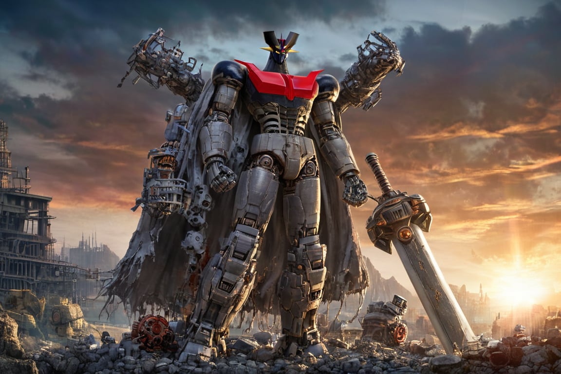 MAZINGER Z,MECHA,SUPER ROBOT,REALIST, outdoors, 4k, very detailed,  extremely detailed face, holdin a big sword, cape, mechanical parts, joints, day,  apocaliptic landscape, official art, (best quality,4k,8k,highres,masterpiece:1.2),ultra-detailed,concept art,ultra-fine painting,movie-like lighting,LegendDarkFantasy,industrial decay texture,metal,concrete