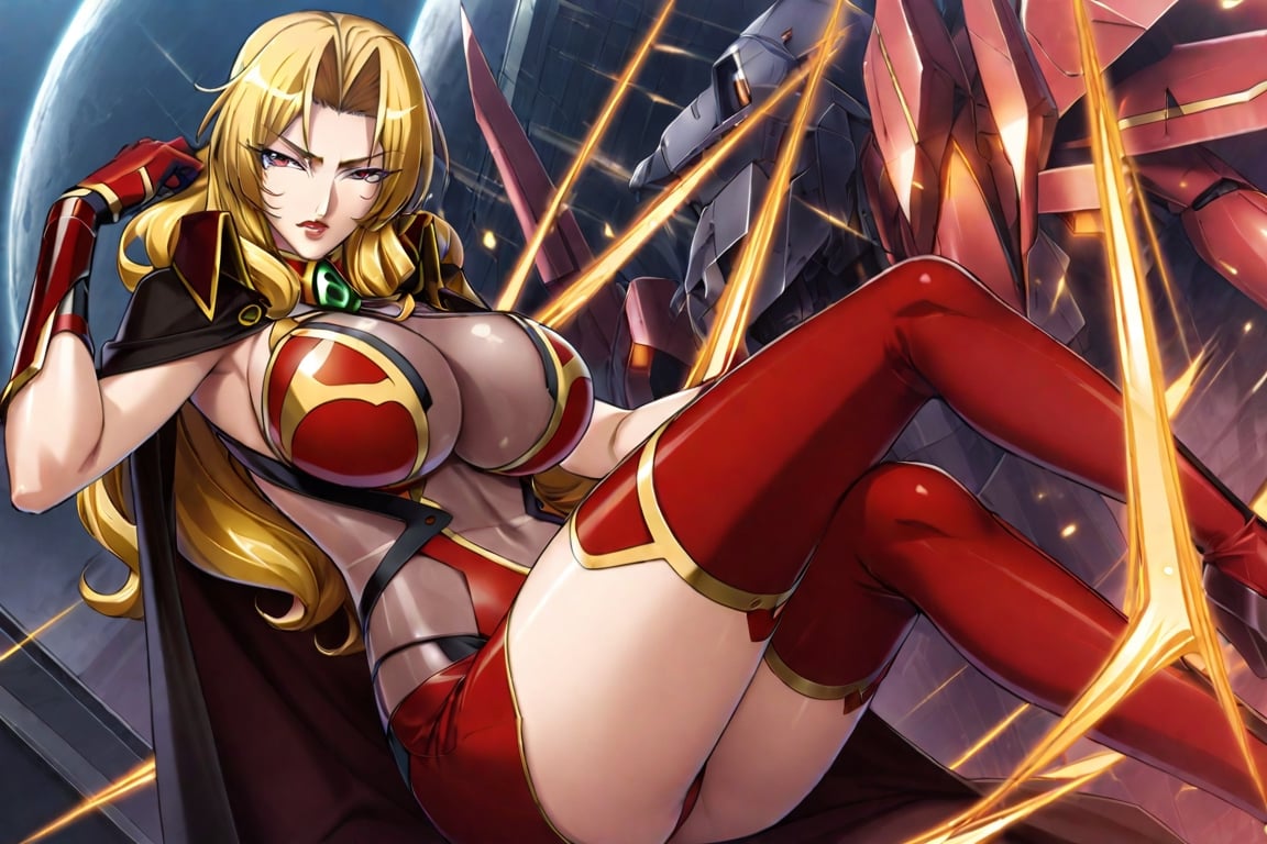 masterpiece, best quality, 1girl, perfect face, perfect eyes,AliciaViewstream, solo, general, official art,  looking at viewer, v-shaped eyebrows, red lips, see-through impossible bodysuit, alicia's thigh boots, alicia's gauntlets, high collar cape,  outer_space, mechas, official art, draw by Kagami, AliciaViewstream, ,Enhanced All