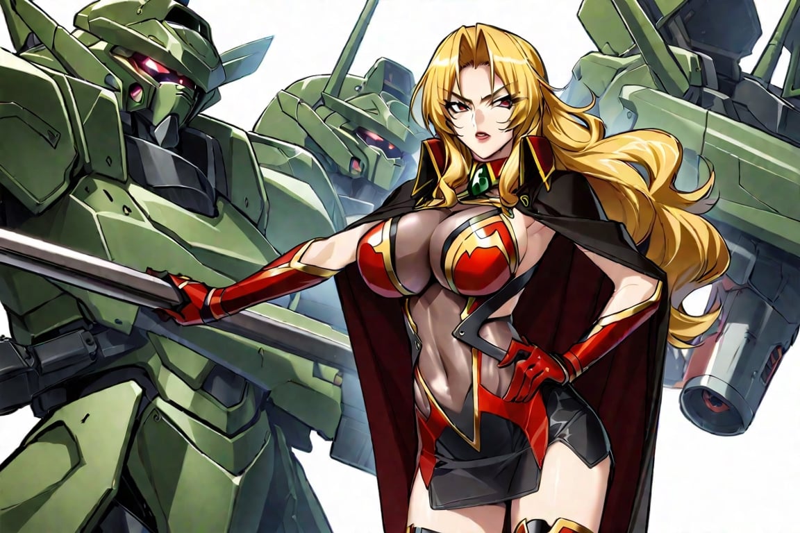 masterpiece, best quality, 1girl, AliciaViewstream, solo, general, official art, standing, contrapposto, looking at viewer, v-shaped eyebrows, outstretched arm, hand on own hip, side view, red lips, v-shaped eyebrows, see-through impossible bodysuit, alicia's thigh boots, alicia's gauntlets, high collar cape, white background, military base, mechas, day, official art, draw by mochizuki kei, AliciaViewstream, 