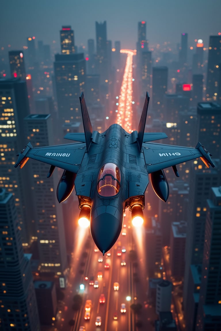 (best quality,ultra-detailed,realistic),fighter jet, flying over a city, at night, with vibrant city lights, atmospheric mood, cityscape, tall skyscrapers, glowing windows, illuminated streets, bustling traffic, dynamic motion blur, powerful engine exhaust, dramatic shadows, futuristic technology