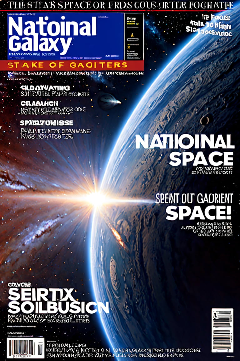  magazine cover, fake magazine cover, cover, fake cover, price, cover page, text focus, barcode, content rating, dated, The title at the top reads "National Galaxy," on sc-fi letters, space, spaceship, nebula, stars, high resolution, 4k, best cinematography, high quality, starry,