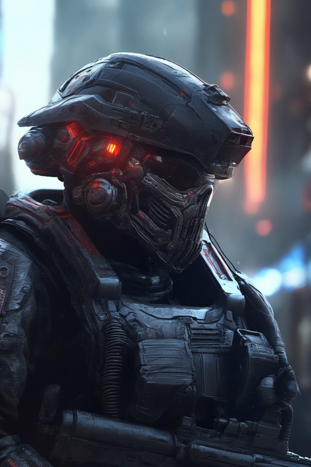 4k,soldier, skull helmet, futuristic soldier, special forces, helghast, space marine, detailed, intrincate details, cyborg, cyberpunk vibes,Cyber Black Robot, dystopic ambient,background,night city ,tank, armored vehicle, 