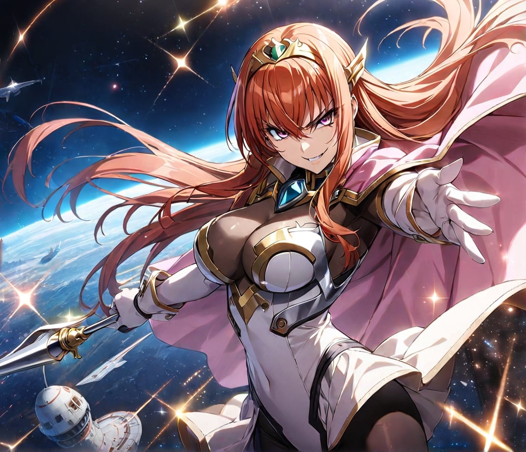 1girl, Maya Cordelia, solo, masterpiece, solo, tiara, official art, holding rapier, rapier, looking at viewer, v-shaped eyebrows, evil smile, see-through impossible bodysuit, wrist cuffs, elbow gloves, black pantyhose, pink cape, outer_space, space station, ships ,glitter