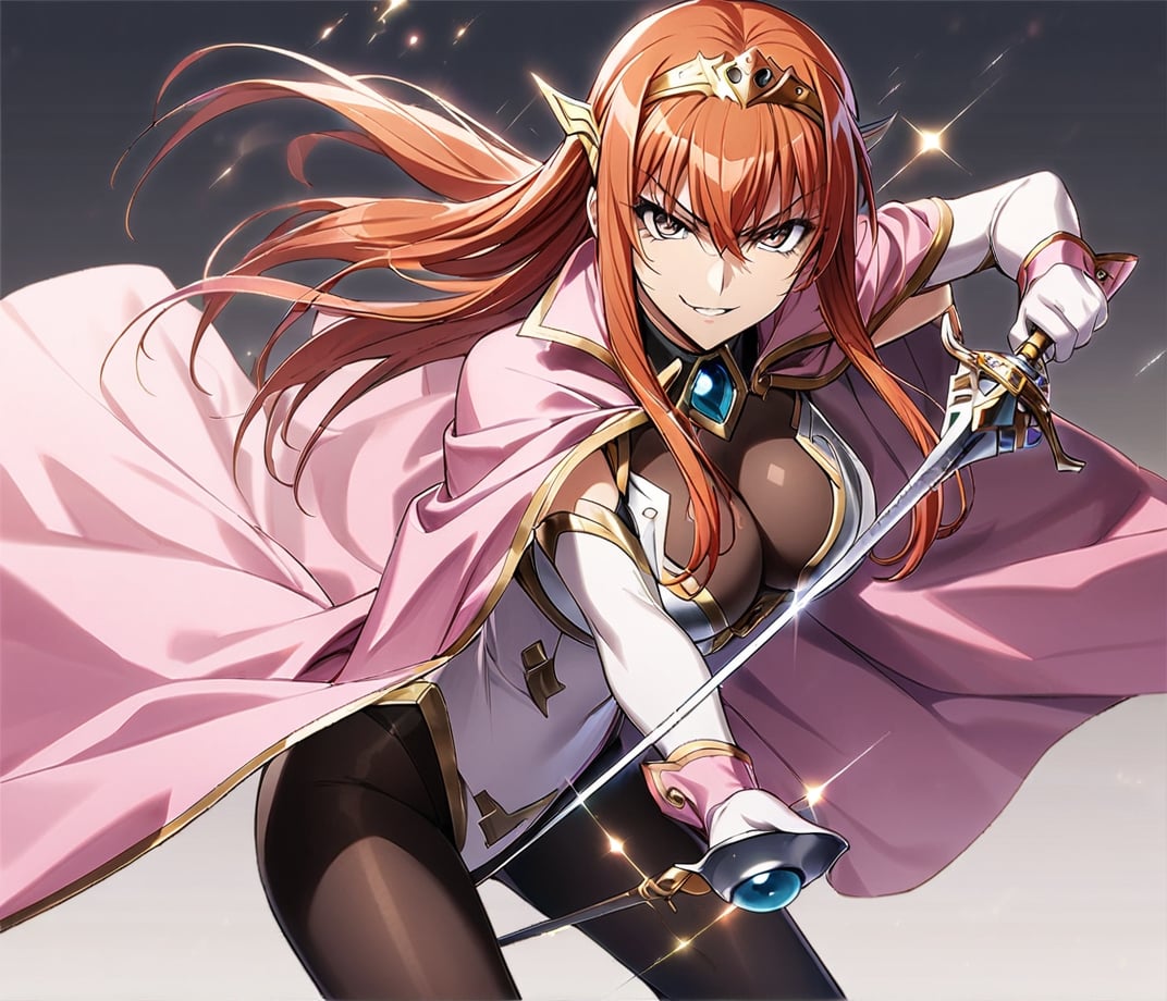 1girl, Maya Cordelia, solo, masterpiece, solo, tiara, official art, holding rapier, rapier, looking at viewer, v-shaped eyebrows, evil smile, see-through impossible bodysuit, wrist cuffs, elbow gloves, black pantyhose, pink cape, gradient background, simple background, ,glitter