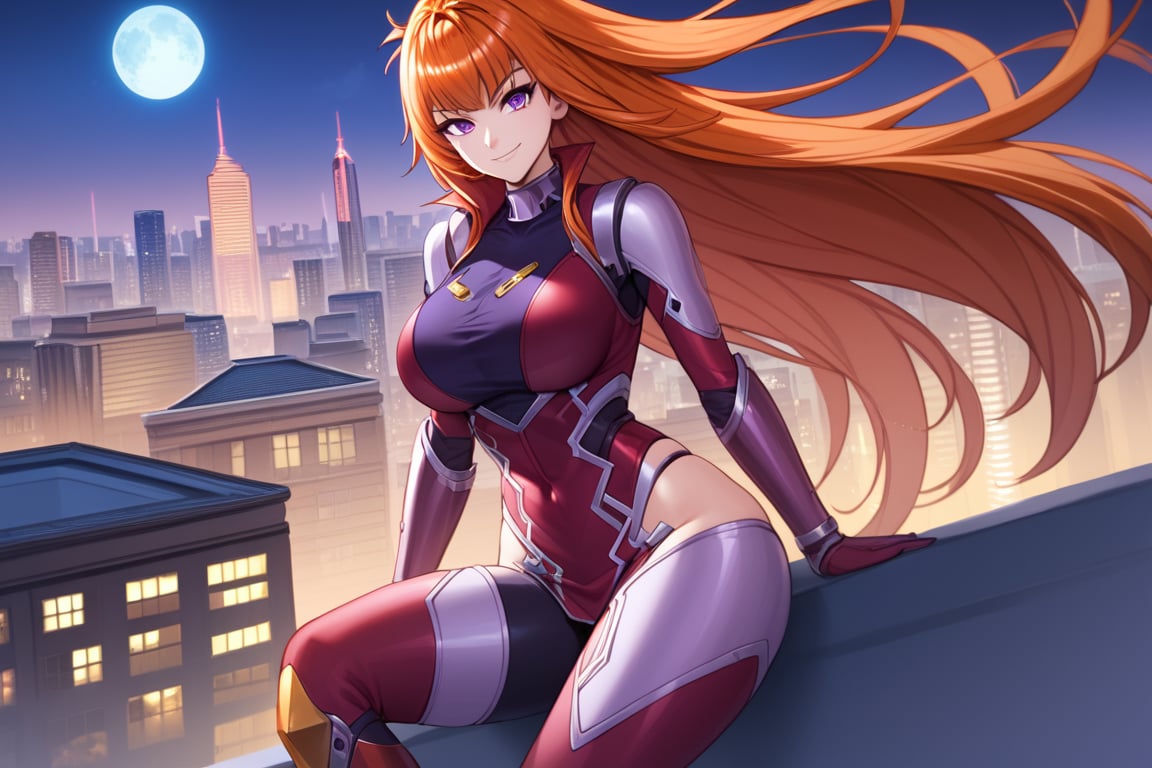 score_9, score_8_up, score_7_up, score_6_up, source_anime, 1girl, solo, maika, purple eyes, orange hair, long hair,red and purple bodysuit, elbow gloves, boots, city, roof, midnight, moon, cityscape, futuristic city, cowboy shot, very detailed, large breasts, thin waist, 4k, smirk