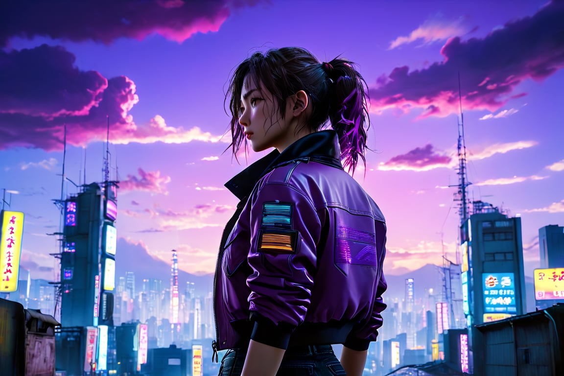 lose-up of the city with neon sunset in the background, Synthwave City, vaporwave city, Synthwave aesthetics, Neon City in the background, Background of Neo Tokyo, Neon metropolis in the background, Futuristic urban background, cyberpunk aesthetics, The city's backstory is cyberpunk, Purple Cyberpunk City, cyberpunk city background, cyberpunk aesthetics, cyberpunk atmosphere, Cyberpunk cityscape,anime clouds, Anime background, anime sky, in style of makoto shinkai, Beautiful puffy clouds. the anime, style of makoto shinkai, makoto sinkai!, beautiful anime scenery, based on Makoto Shinkai, Anime Landscape Wallpaper, makoto sinkai!!, Makoto Shinkai art style,japanaese girl,pale skin,beatiful face(purple hair)red jacket,Tokyo at night, with Cyberpunk style,In a Cyberpunk 2  ,Full-length,,Bottom view