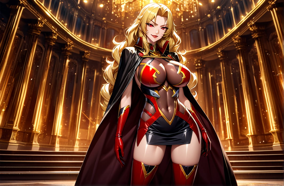 (masterpiece, best quality, ultra detailed, absurdres)1.5, 1girl, (sexy, beautiful woman, perfect face, perfect eyes, perfect female body)1.5, (, wavy hair, long hair, blonde hair, red eyes, mature female, milf, v-shaped eyebrows, red lips, extremely detailed clothes, smile, red elbow gloves, red thigh boots, red-black cape, red impossible clothes,very detailed, depth of fields。Create depth with atmospheric lighting,wide wide shot,detail,（Hyper-detailing）,（Complicated details),（High resolution CGI artwork 8k), palace, luxury, night, sci fi indoors,  windows, soldiers, night,AliciaViewstream,Expressiveh,glitter