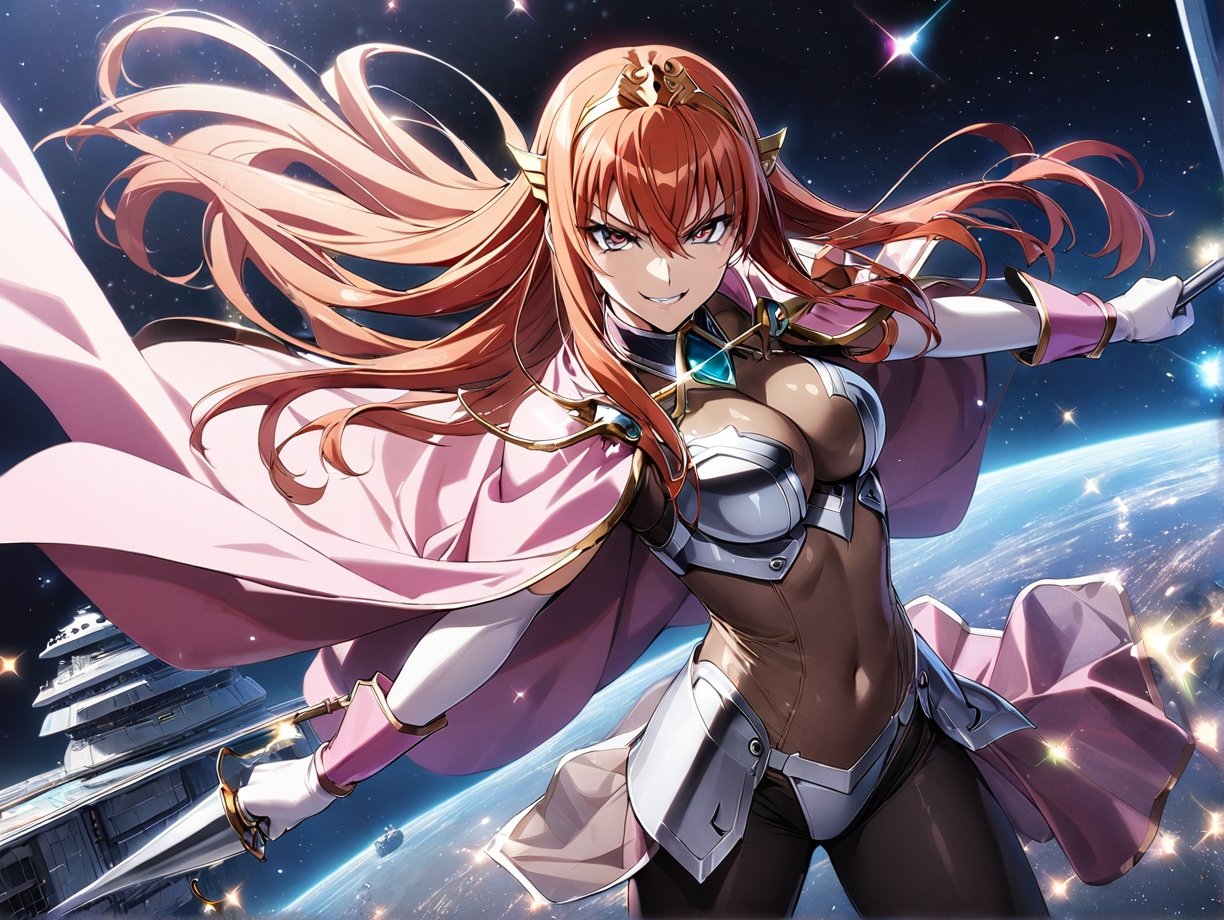 1girl, Maya Cordelia, solo, masterpiece, solo, tiara, official art, holding rapier, rapier, looking at viewer, v-shaped eyebrows, evil smile, see-through impossible bodysuit, wrist cuffs, elbow gloves, black pantyhose, pink cape, outer_space, space station, ships ,glitter