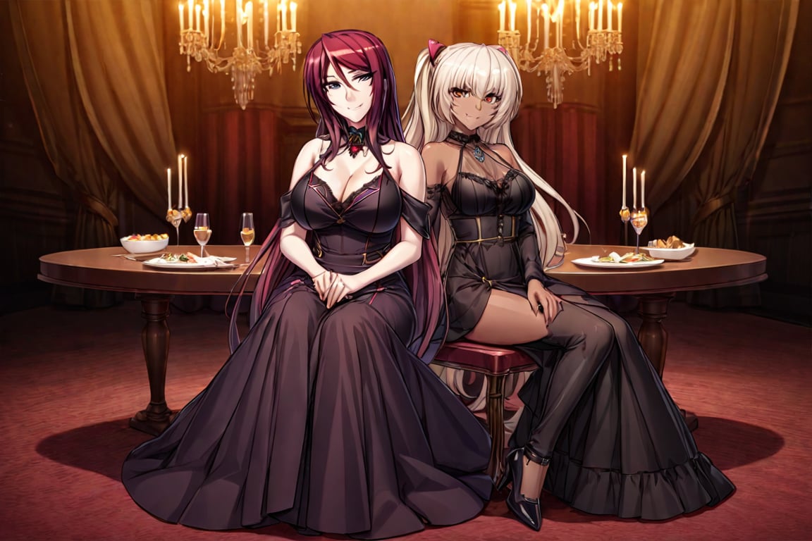 BeatriceKushan, KilaKushan, 2girls,side-by-side, party dress, female dress, jewelery, high heels, pink hairclip, sitting, on chair, table, indoors, ballroom, luxury interiors, height difference, dark-skinned female, looking at viewer, smile, masterpiece, best quality, very aesthetic,  Create depth with atmospheric lighting,wide wide shot,detail,（Hyper-detailing),（Complicated details),（High resolution CGI artwork 8k), night,cuddling,