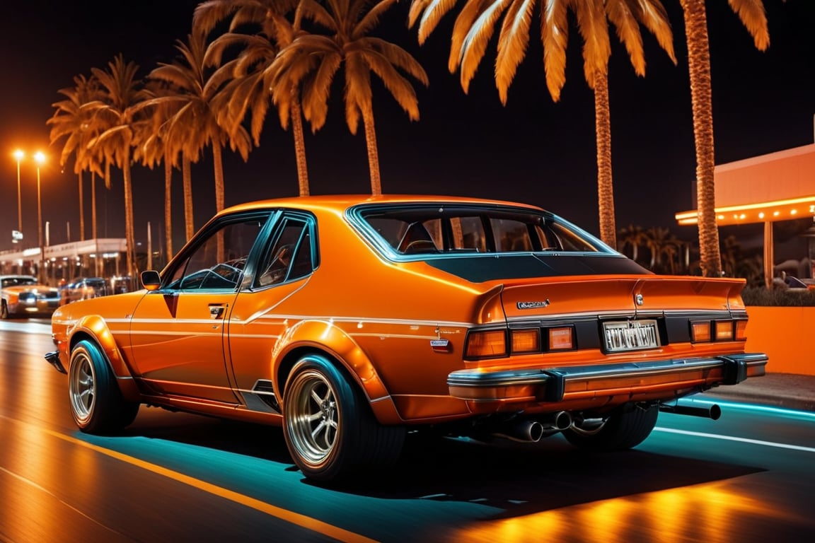 ((ClassicSportsCar )), 80´s sport car, gleaming orange, 1976 Holden Torana V8, palm trees, seaside, cityscape, at dawn, neon lights, 4K, highly detailed, (((stylish grainy analog 35mm film photo))),  racing, race track, crowd, ClassicSportsCar, mad-vprw,neon photography style