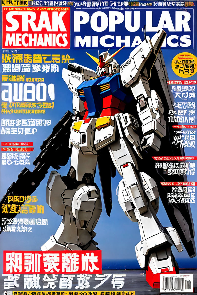  magazine cover, fake magazine cover, cover, fake cover, price, cover page, text focus, barcode, content rating, dated, The title at the top reads "Popular Mechanics"  in stark, bold letters,on the cover is featuring a white blue Gundam on a hangar,机甲, mechanical details, sharp focus, mechanical joints, 