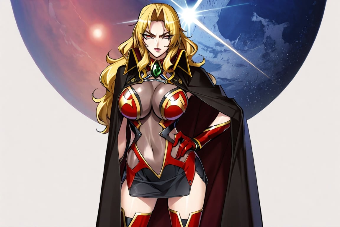 masterpiece, best quality, 1girl, AliciaViewstream, solo, general, official art, standing, contrapposto, looking at viewer, v-shaped eyebrows, outstretched arm, hand on own hip, side view, red lips, v-shaped eyebrows, see-through impossible bodysuit, alicia's thigh boots, alicia's gauntlets, high collar cape, white background, outer_space, mechas, day, official art, draw by mochizuki kei, AliciaViewstream, 