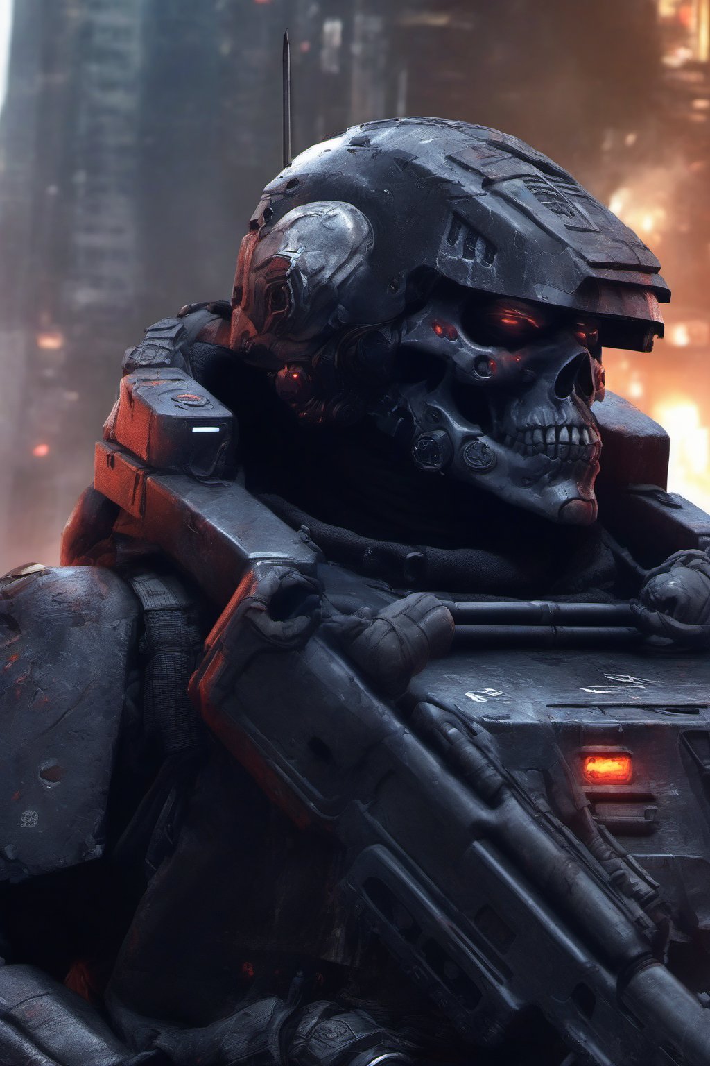 soldier, skull helmet, futuristic soldier, special forces, helghast, space marine, detailed, intrincate details, cyborg Power Nightcity Cyber Black Robot, dystopic ambient,background,night city ,tank, armored vehicle,