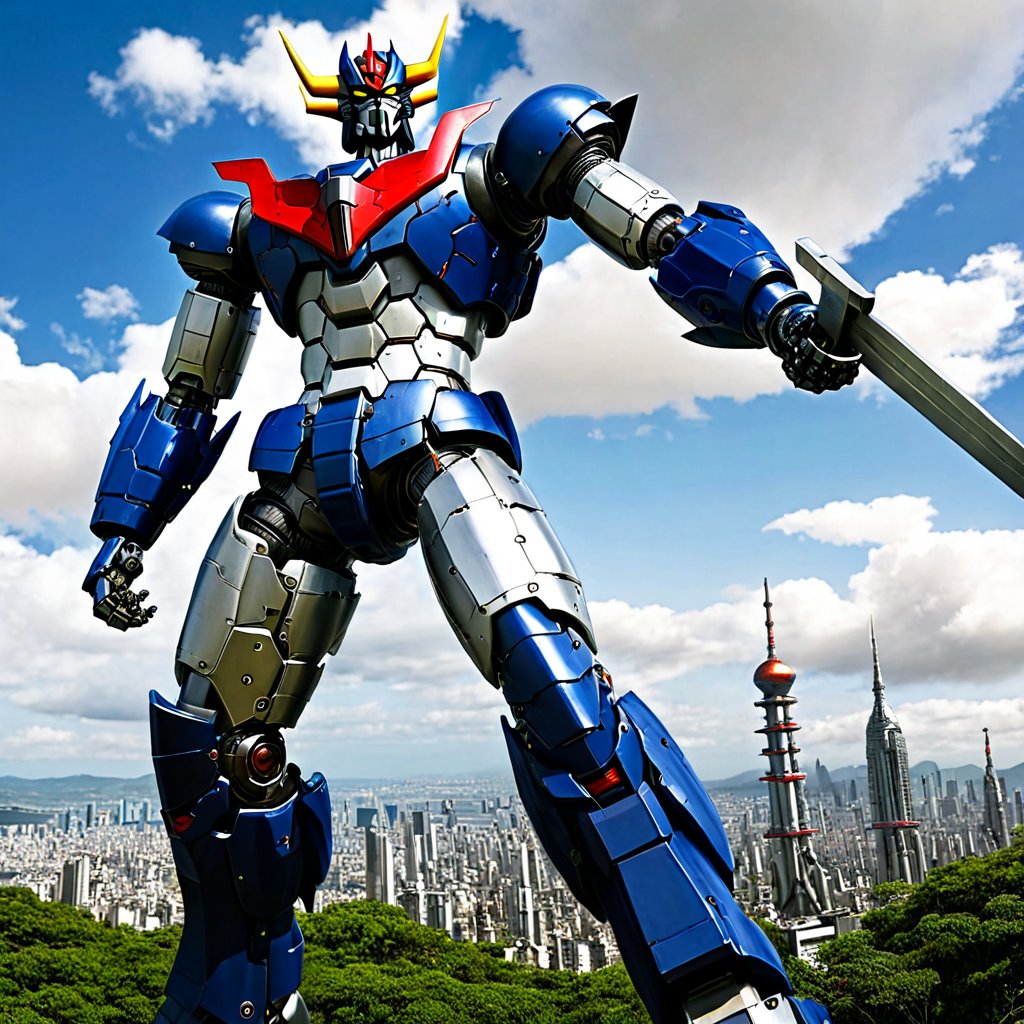 Majinga style, 70s anime, giant mecha, Great Mazinger, intrinsic details,  mechanical joints, realistic, outdoors, 4k, dynamic pose, extremely detailed, metallic texture,  glowing eyes, full body, highly detailed, masterpiece, best quality, masterpiece, highly detailed, ultra-detailed,(blue sky:1.1), cloud, holding_weapon, a (((mecha))) with sleek and menacing design, (mecha armor:1.5),glowing ,heroic parts, mechanical parts, (long legs:1.5),robot joints,(huge shield:1.2),(battle-ready:1.2),(powerful stance:1.3),(Detailed eye description:1.2),(huge mechanical weapon:1.3),(detailed armor description:1.2),(detailed shield description:1.2),(detailed weapon description:1.2),(holding sword :1.3) BREAK building, glowing_eyes, science_fiction, city, realistic,