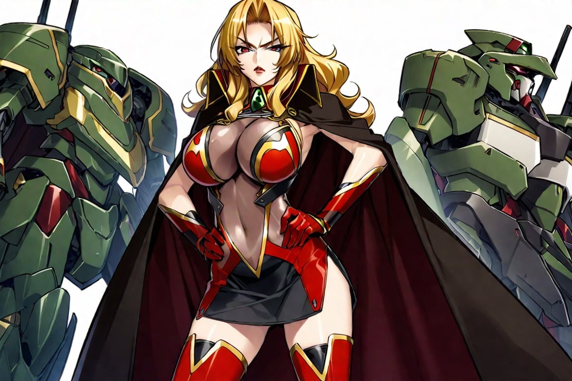 masterpiece, best quality, 1girl, AliciaViewstream, solo, general, official art, standing, contrapposto, looking at viewer, v-shaped eyebrows, outstretched arm, hand on own hip, side view, red lips, v-shaped eyebrows, see-through impossible bodysuit, alicia's thigh boots, alicia's gauntlets, high collar cape, white background, military base, mechas, day, official art, draw by mochizuki kei, AliciaViewstream, 