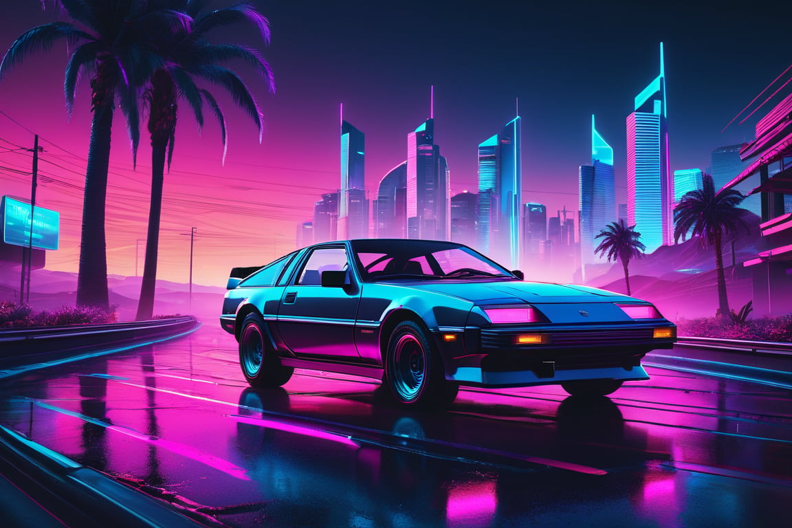 cinematic film still 80s synthwave, retro-futuristic, a classic 1980s sports car speeding around a neon-lit curve on a highway, with glowing palm trees lining the road. The scene is captured from a low-angle shot, emphasizing the sleek design and vibrant colors of the car, reflecting off the wet asphalt. The background features a neon sunset with horizontal lines, characteristic of the synthwave aesthetic, in vivid hues of pink, purple, and blue. The image is highly detailed with dramatic lighting, creating a sense of speed and motion. The artwork has a vaporwave vibe, combining retro and futuristic elements with bold, electric colors and a minimalist, sticker-like style on a white background. The atmosphere is surreal and cinematic, with sharp contrasts and intense glow effects, reminiscent of 80s digital art. This 3D render, illustration, is crafted with high resolution, capturing the essence of a synthwave cityscape in extreme detail and dynamic composition. 8k resolution with a focus on vibrant neon and striking details, evoking a nostalgic yet futuristic feel. , cyberpunk, anime, . shallow depth of field, vignette, highly detailed, high budget, bokeh, cinemascope, moody, epic, gorgeous, film grain, grainy,Old anime, Cyberpunk, Detailed