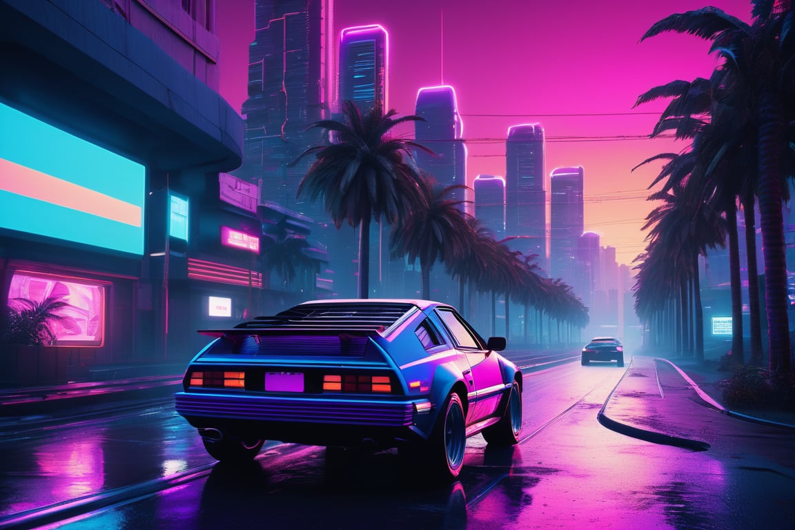 cinematic film still 80s synthwave, retro-futuristic, a classic 1980s sports car speeding around a neon-lit curve on a highway, with glowing palm trees lining the road. The scene is captured from a low-angle shot, emphasizing the sleek design and vibrant colors of the car, reflecting off the wet asphalt. The background features a neon sunset with horizontal lines, characteristic of the synthwave aesthetic, in vivid hues of pink, purple, and blue. The image is highly detailed with dramatic lighting, creating a sense of speed and motion. The artwork has a vaporwave vibe, combining retro and futuristic elements with bold, electric colors and a minimalist, sticker-like style on a white background. The atmosphere is surreal and cinematic, with sharp contrasts and intense glow effects, reminiscent of 80s digital art. This 3D render, illustration, is crafted with high resolution, capturing the essence of a synthwave cityscape in extreme detail and dynamic composition. 8k resolution with a focus on vibrant neon and striking details, evoking a nostalgic yet futuristic feel. , cyberpunk, anime, . shallow depth of field, vignette, highly detailed, high budget, bokeh, cinemascope, moody, epic, gorgeous, film grain, grainy,Old anime, Cyberpunk, Detailed