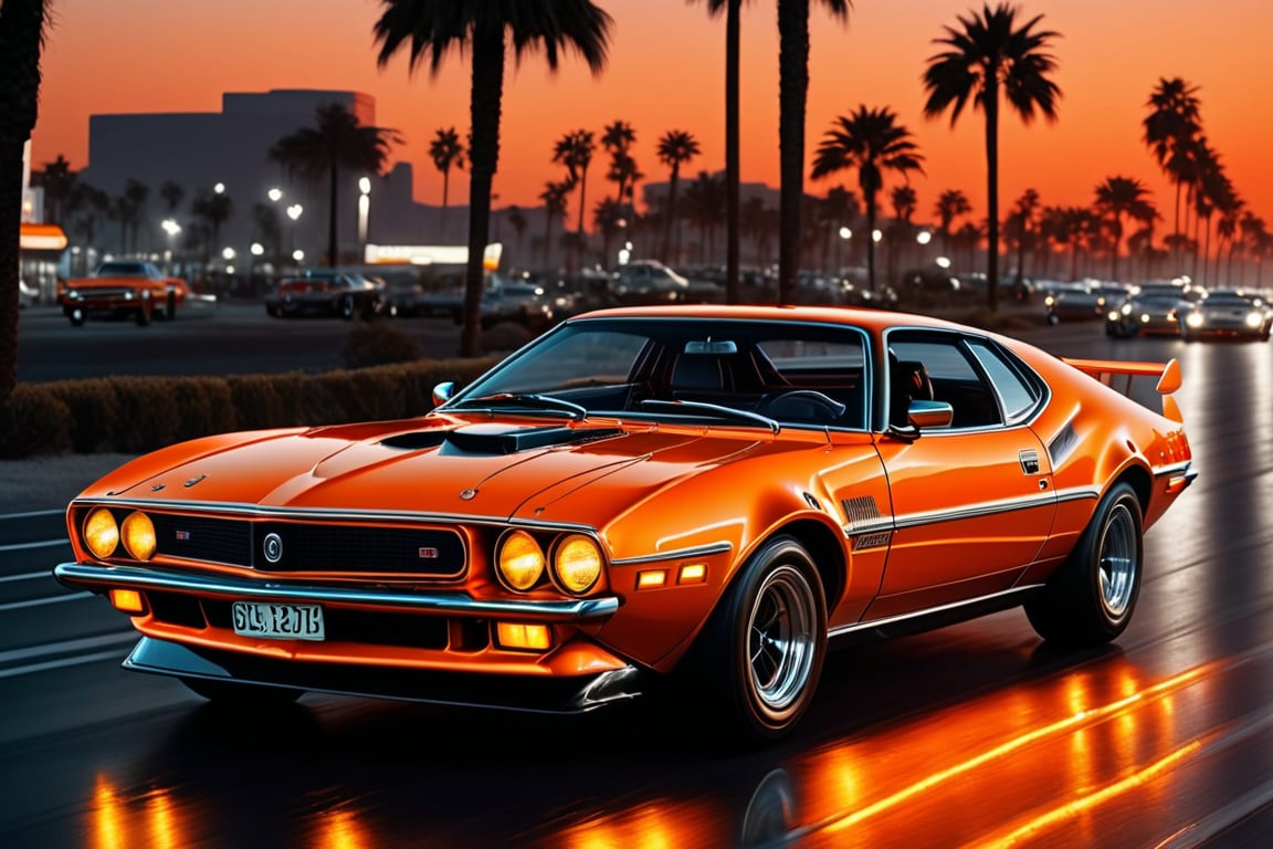 ((ClassicSportsCar )), 80´s sport car, gleaming orange, amc javelin 1972, palm trees, seaside, cityscape, at dawn, neon lights, 4K, highly detailed, (((stylish grainy analog 35mm film photo))),  racing, race track, crowd, ClassicSportsCar, mad-vprw,neon photography style