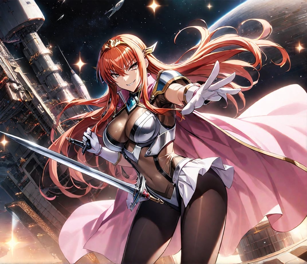 1girl, Maya Cordelia, solo, masterpiece, solo, tiara, official art, holding rapier, rapier, looking at viewer, v-shaped eyebrows, evil smile, see-through impossible bodysuit, wrist cuffs, elbow gloves, black pantyhose, pink cape, outer_space, space station, ships ,glitter