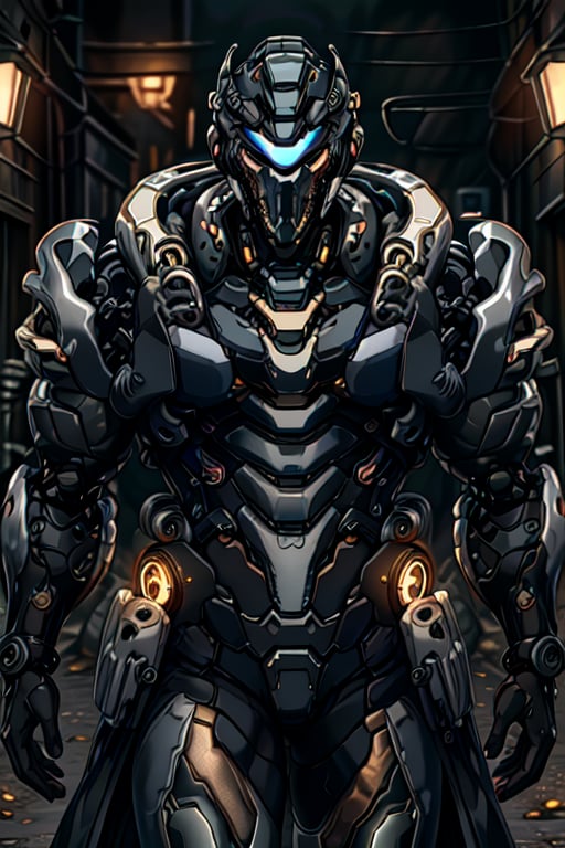 In a dimly lit, smoky-filled alleyway, a sylphlike masculine cyborg soldier stands proudly, his gaze fixed directly at the viewer. He's clad in a sleek, tactical armored leather trench coat with built-in exoskeleton, adorned with intricate engravings that shimmer under the soft lighting. The coat's open front reveals a form-fitted armor plated under suit with waist cutouts, showcasing his toned and cybernetic arms. His mechanical head helmet features narrow orange eyes, adding to the overall mecha aesthetic. Brass metal armor and brown leather accents highlight his slim yet heavily muscled physique, as he poses confidently, his super detailed, high-quality 8K image radiating a sense of cinematic grandeur.