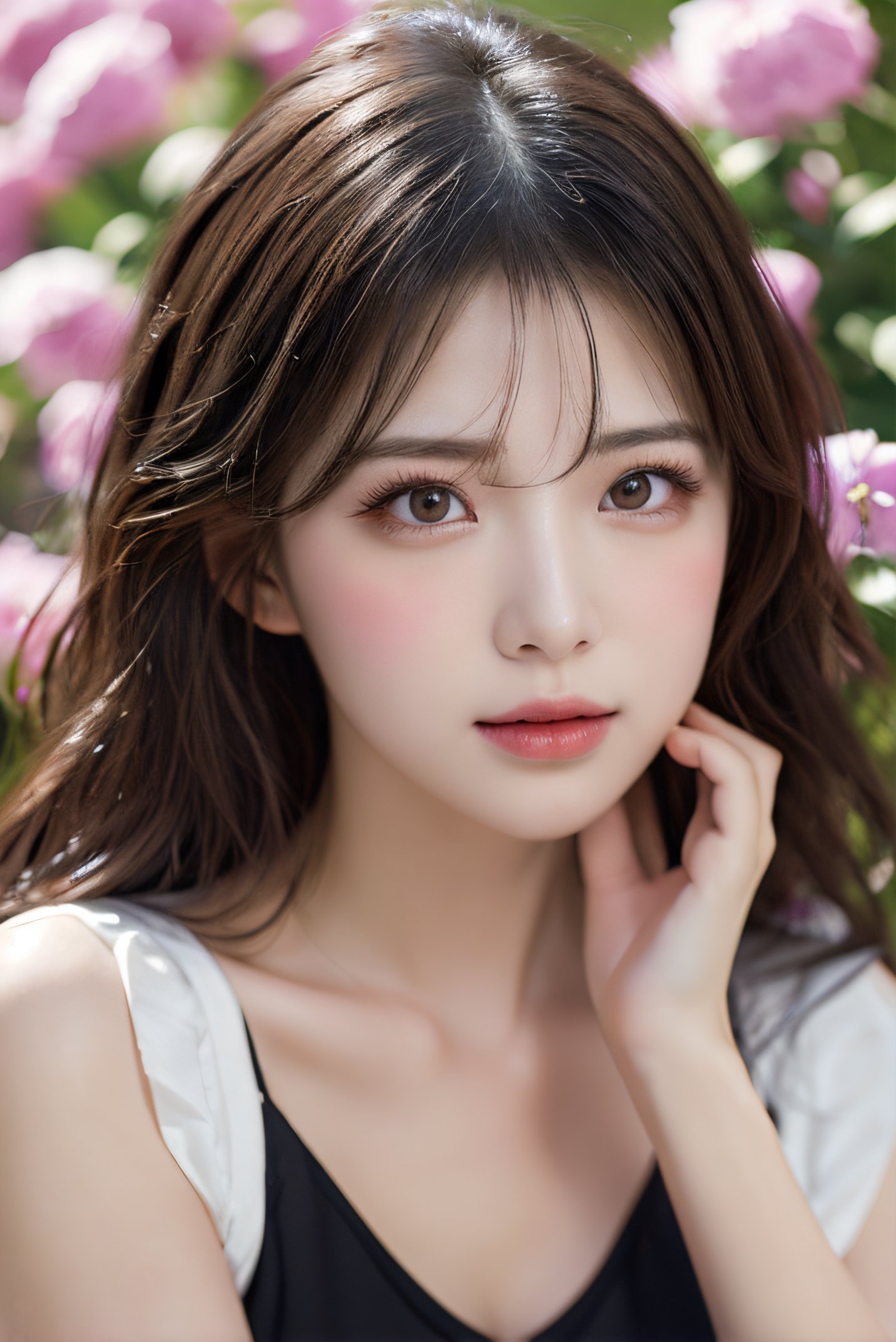 best qualtiy，tmasterpiece，A high resolution，1girll，Dingdall effect，realisticlying，edge lit，twotonelighting，（highdetailskin：1.2），8K  UHD，Pure，Sweet，Flower background，Colorful background，Based on physical rendering，Perfect light and shadow，extreme hight detail，Pink tones，Eye reflections，Raised sexy，perfect bodies，Superb beauty，largeeyes，long eyelasher，Delicate eyes，large shiny eyes，Minor pupillary reflexes，Shoulder and neck details，The pupil texture is delicate，Perfect eyes，Black pupils，best qualtiy，tmasterpiece，16k，A picture，head portrait，Bigchest，longer sleeves，Take care of your chest，Large breasts，Delicate avatar, half body, 