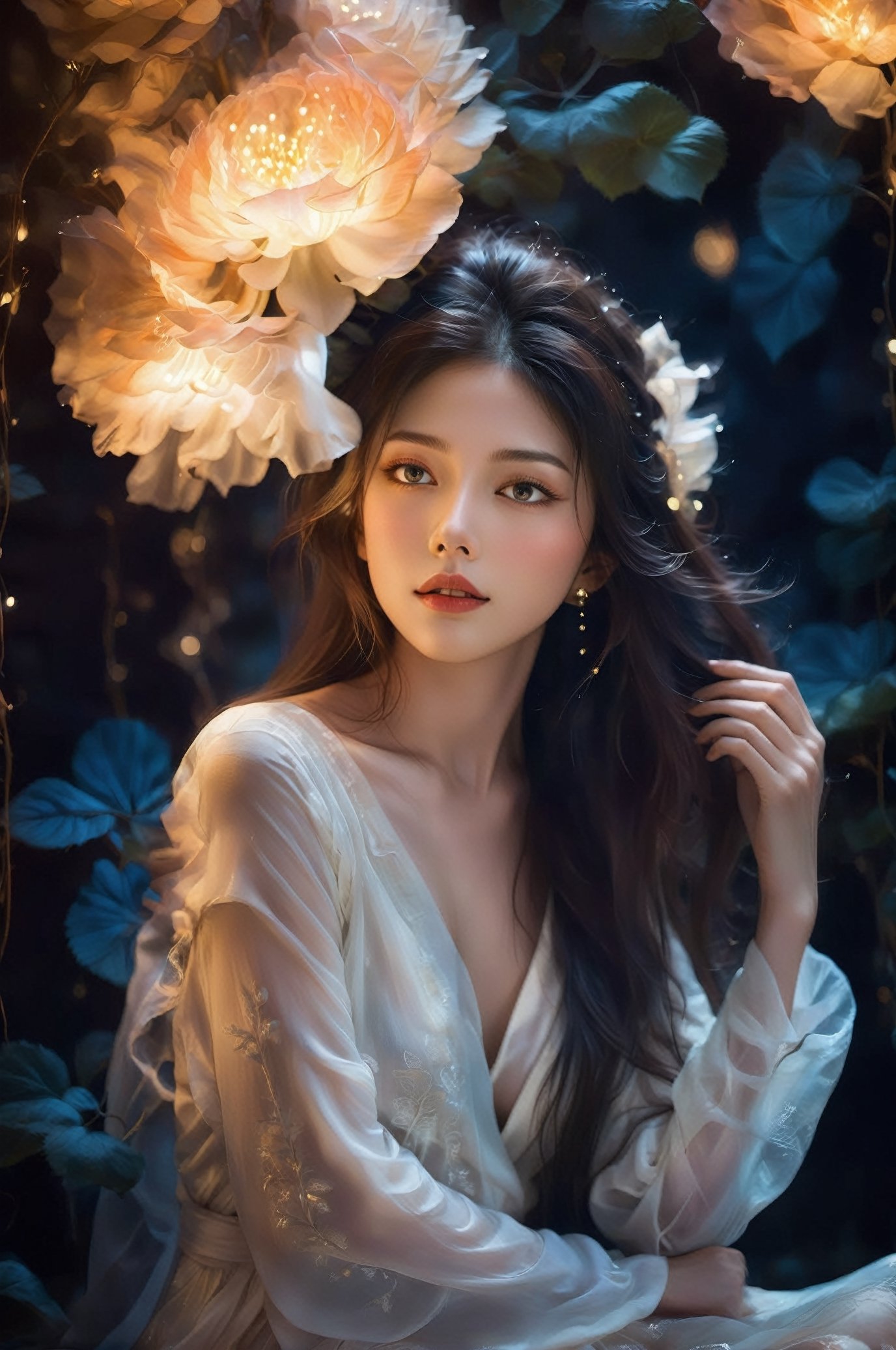 i can't believe how beautiful and sensual she is, breathtaking, elegant, erotic, aesthetic, she express her deep soul and strength combined with softness and sensuality, enigmatic and exciting, long hair, best quality, masterpiece, ultra realistic, dim light, light rays, 1 girl,ink ,style,1 japanese girl