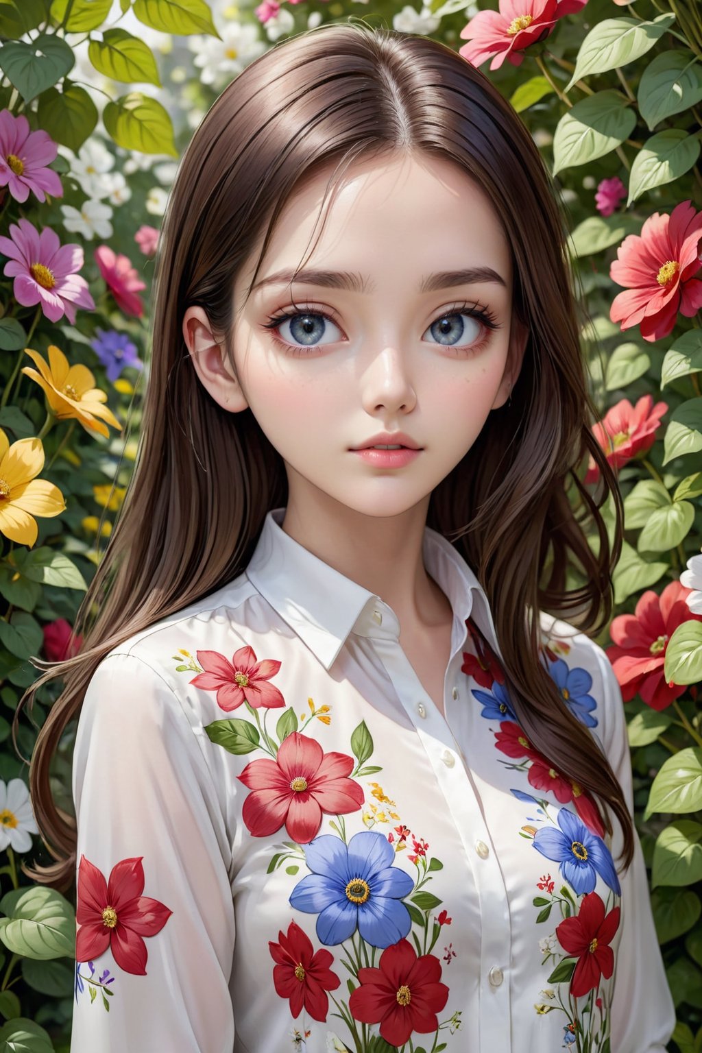 1 girl, solo, detailed eyes, blink and youll miss it detail, silk shirt, outdoors, flower garden, high quality, floral background, very detailed,wonder beauty ,Enhance,JeeSoo