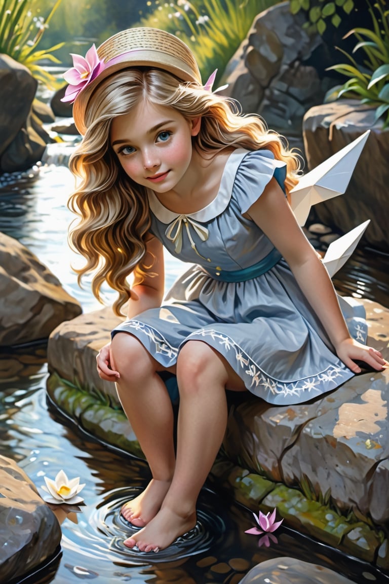 Oil painting, large stream, stone bridge, girl sitting with her feet on a rock in the stream and launching a paper boat, dress, elegantly blowing hair, hat made of woven flowers, pale skin, acrylic, fantasy, detailed eyes, detailed fingers, realistic eyes, painted eyes, white eyelashes, detailed face, bright and bright eyes, dancing lights, highly detailed face, paper boat,Beautiful girl