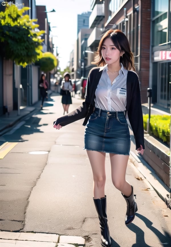  1 girl, (full body shot), solo, a Taiwanese lady, slender body, capering walking on a business downtwon street,  laughing, all in focused, unbuckled office shirt with folded sleeves, denim miniskirt, cute bang,  girly_hair, ankle boots,  LEICA, f=150 mm, ISO 80, F:1.0, A: 1/2000 sec, very low noise, Lady model,girl face,1 girl.