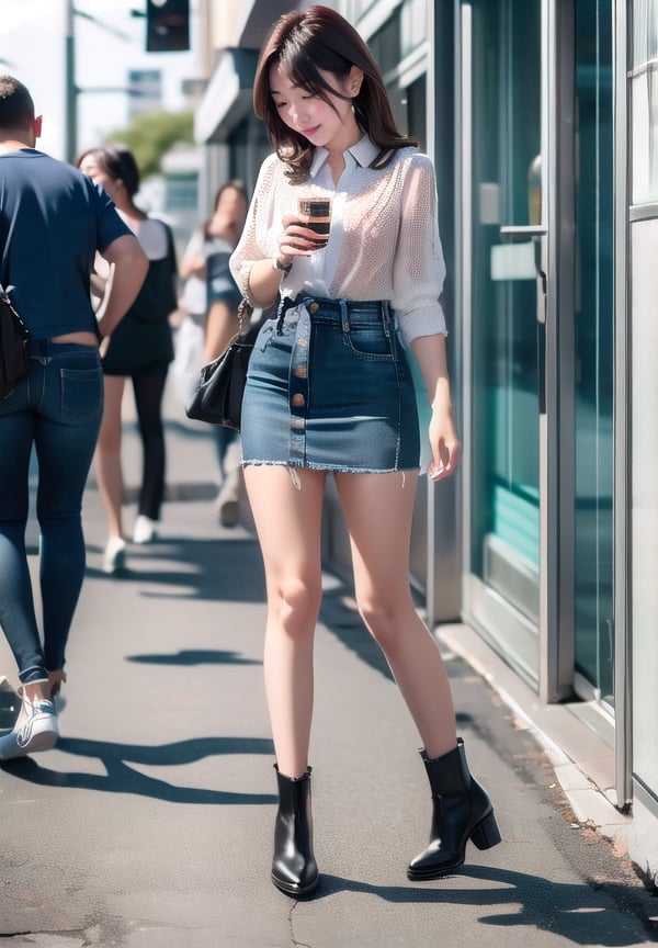  1 girl, (full body shot), solo, a Taiwanese lady, slender body, capering walking on a business downtwon street,  laughing, all in focused, unbuckled office shirt with scrolled-up sleeves, denim miniskirt, cute bang,  girly_hair, ankle boots,  LEICA, f=150 mm, ISO 80, F:1.0, A: 1/2000 sec, very low noise, Lady model,girl face,1 girl.