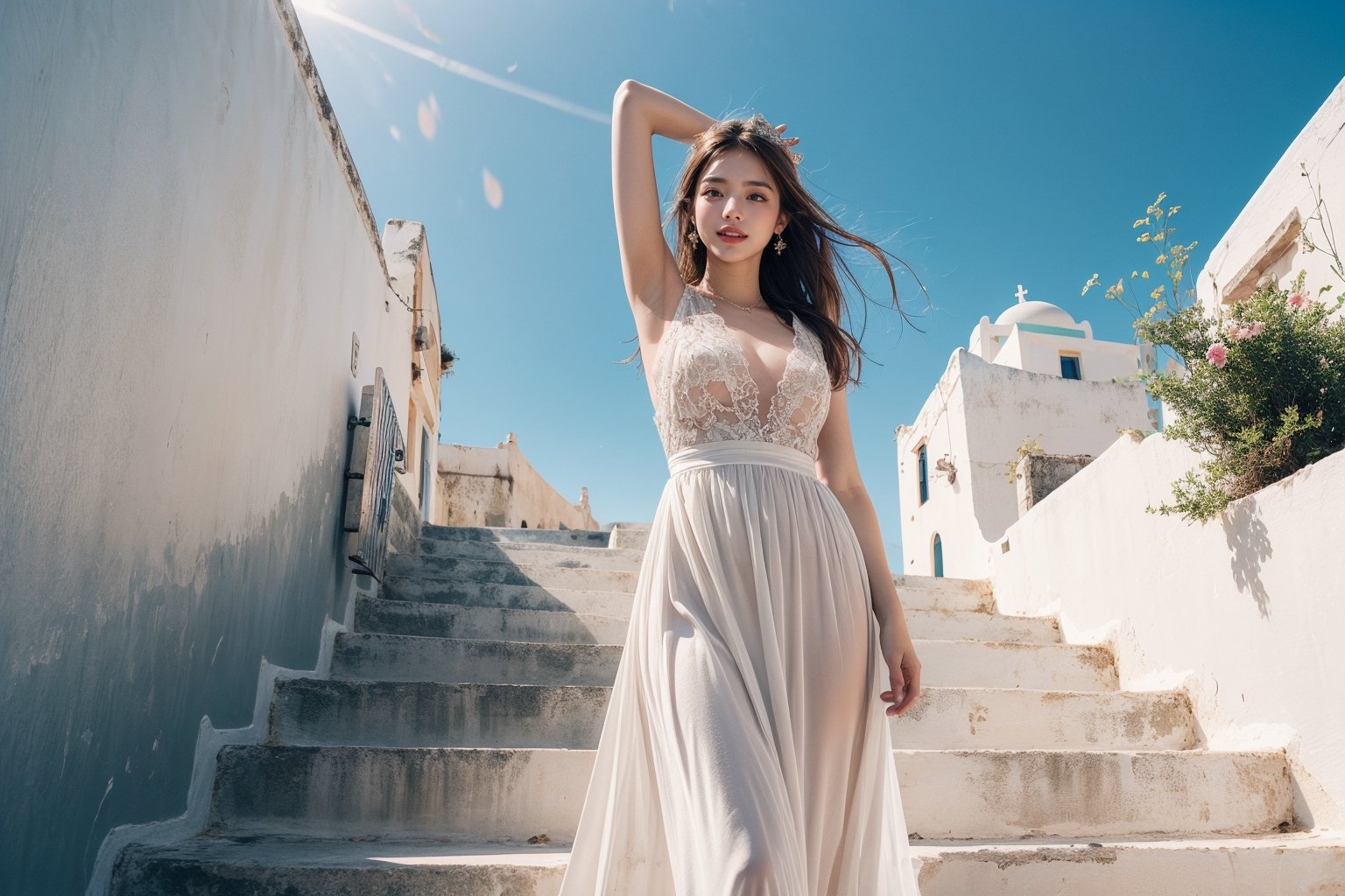 Princesa bonita, in long dress descends the stairs in Santorini,bright sunny smile. in style vogue/dior/armani, fashion photography,from below, beautiful old buildings and sea in the background. high definition, trending on artstation, intricate details, highly detailed,arm up