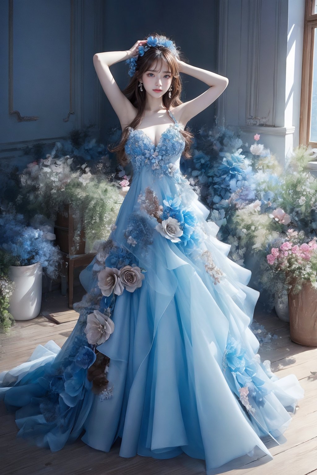 (Masterpiece, Best Quality, Photorealistic, High Resolution, 8K Raw), Smiling, Looking At Viewer, full Body, Light, 1 Girl, Solo, Beautiful Young Girl, 18 Years Old, (Long Hair, brown Hair, Bangs:1.3), hair ornament, bare shoulders, jewelry, collarbone, earrings, hair flower, hair bun, flower garden, blue flower dress, indoor studio,arms up,1 girl