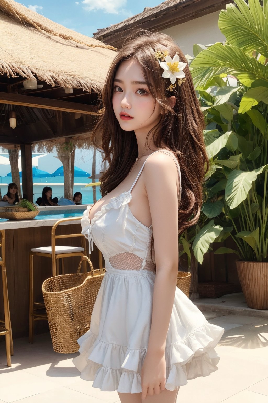 20's cute girl, petite, (wearing white frilly dress:1.2), round face, smiling, best picture quality, 32K, details, high resolution, (front view), big eyes, (full body), brown hair in golden mesh curls, one point flower hair ornament, palm leaf roof, poolside bar, sunny sky, red lips,medium breasts, big eyes,gentlebreeze,realhands,arm up