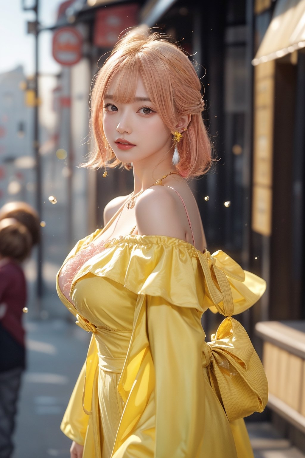 high quality, 8K Ultra HD, high detailed, masterpiece, A digital illustration of anime style, soft anime tones, Detailed illustration of many colorful soap bubbles falling from the sky on a beautiful Japan girl, pale yellow off-shoulder dress,Yellow spaghetti straps,(big smile:1.2),breasts,colorful colors, colorful girl,( pink hair:1.2), brown eye, (yellow pumps:1.2),accessories(necklace,ear_rings), luminism, three dimensional effect, enhanced beauty, Albert Anker, Kyoto Animation, Greg Rutkowski, Artgerm, WLOP, Alphonse Beeple, luminism, 3d render, octane render, Isometric, by yukisakura, awesome full color,(full body:1.1),bubble,look back at viwer