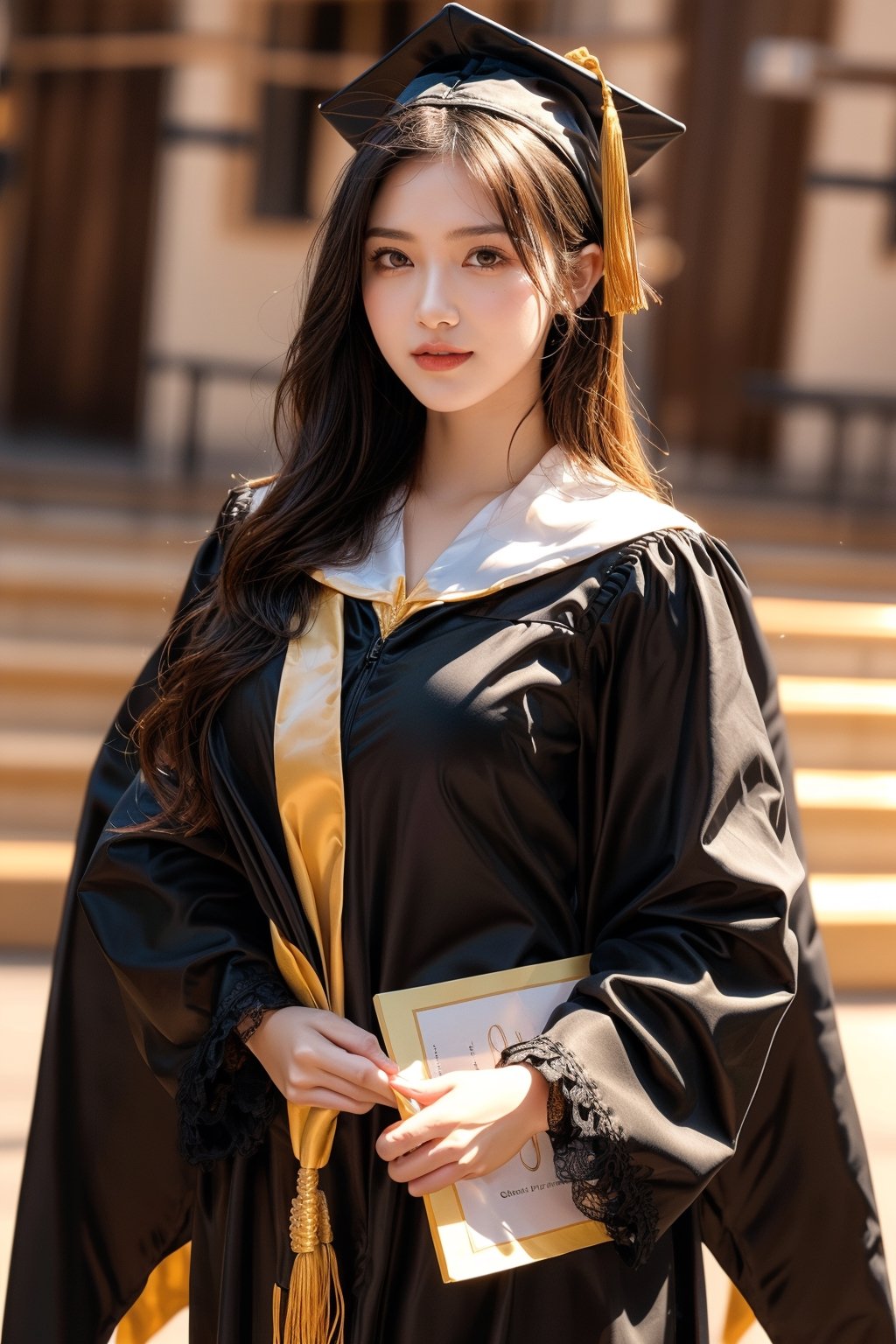 graduation ceremony,girl,college student,wearing graduation gown(black color),holding buquet,smile,Best Quality, 32k, photorealistic, ultra-detailed, finely detailed, high resolution, perfect dynamic composition, beautiful detailed eyes, sharp-focus, cowboy_shot,