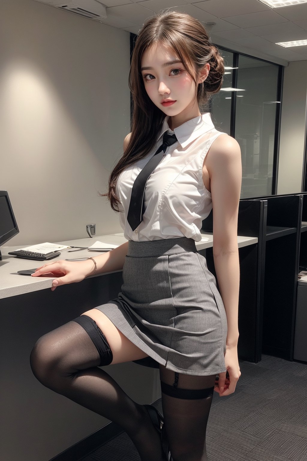 1 girl, solo, gwen stacy, brown hair, ((beautiful up-do hair)), ((sexy)), ((beautiful girl)), grey eyes,((detailed eyes)),masterpiece,best quality , intricate details,(white collared sleeveless shirt:1.2), business suit,(black narrow mini skirt:1.1),(skirt lift,panties),formal wear,(black pantyhose:1.1),(black pumps:1.2),office, bank employee, secretary, happy,(big sunny smile:1), big breasts,from below,(full body:1.2), skirt_lift,arm up