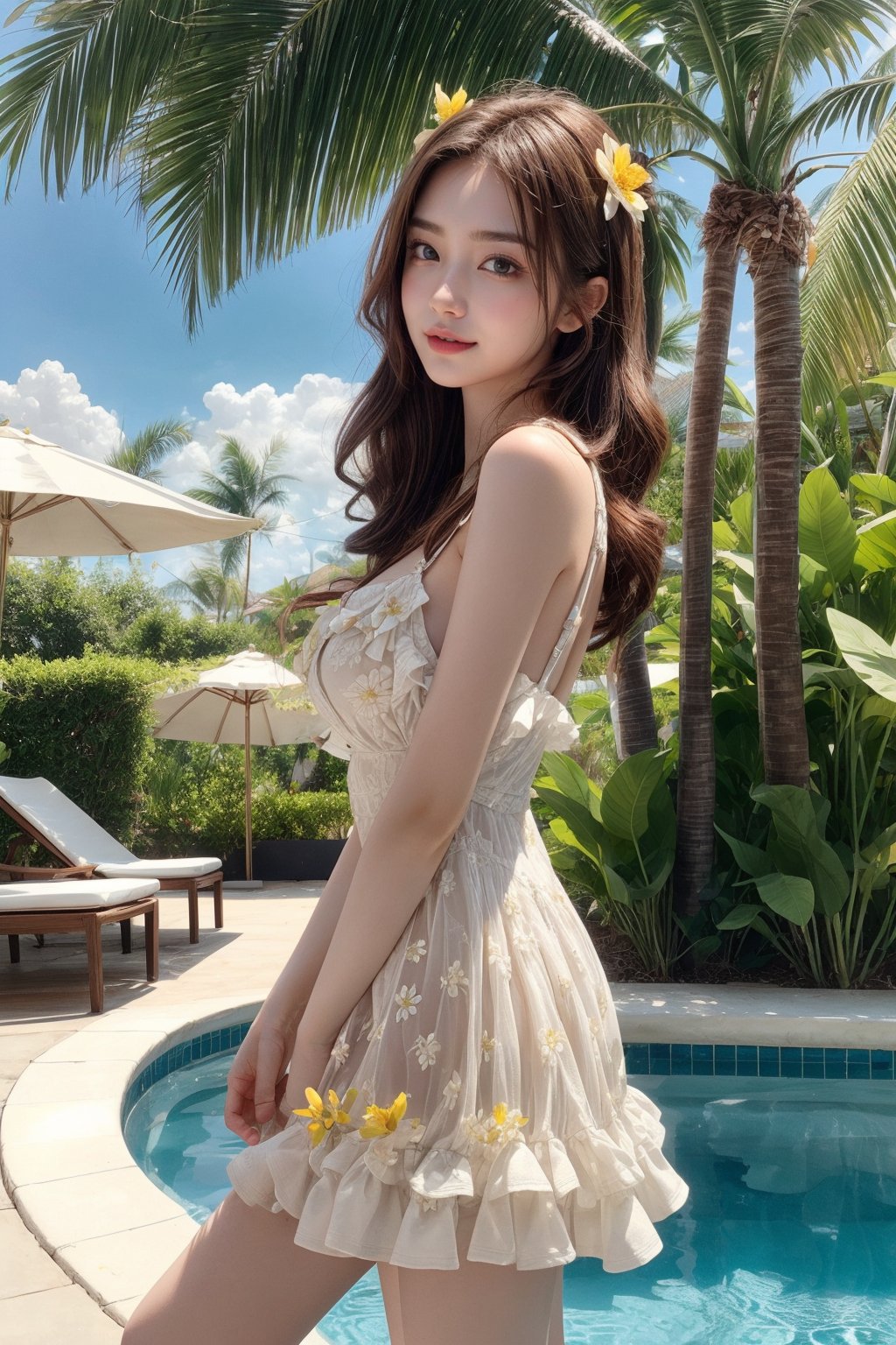 20's cute girl, petite, (wearing white frilly dress), round face, smiling, best picture quality, 32K, details, high resolution, (front view), big eyes, (full body), brown hair in golden mesh curls, one point flower hair ornament, palm leaf roof, poolside bar, sunny sky, red lips,medium breasts, big eyes,gentlebreeze,realhands,