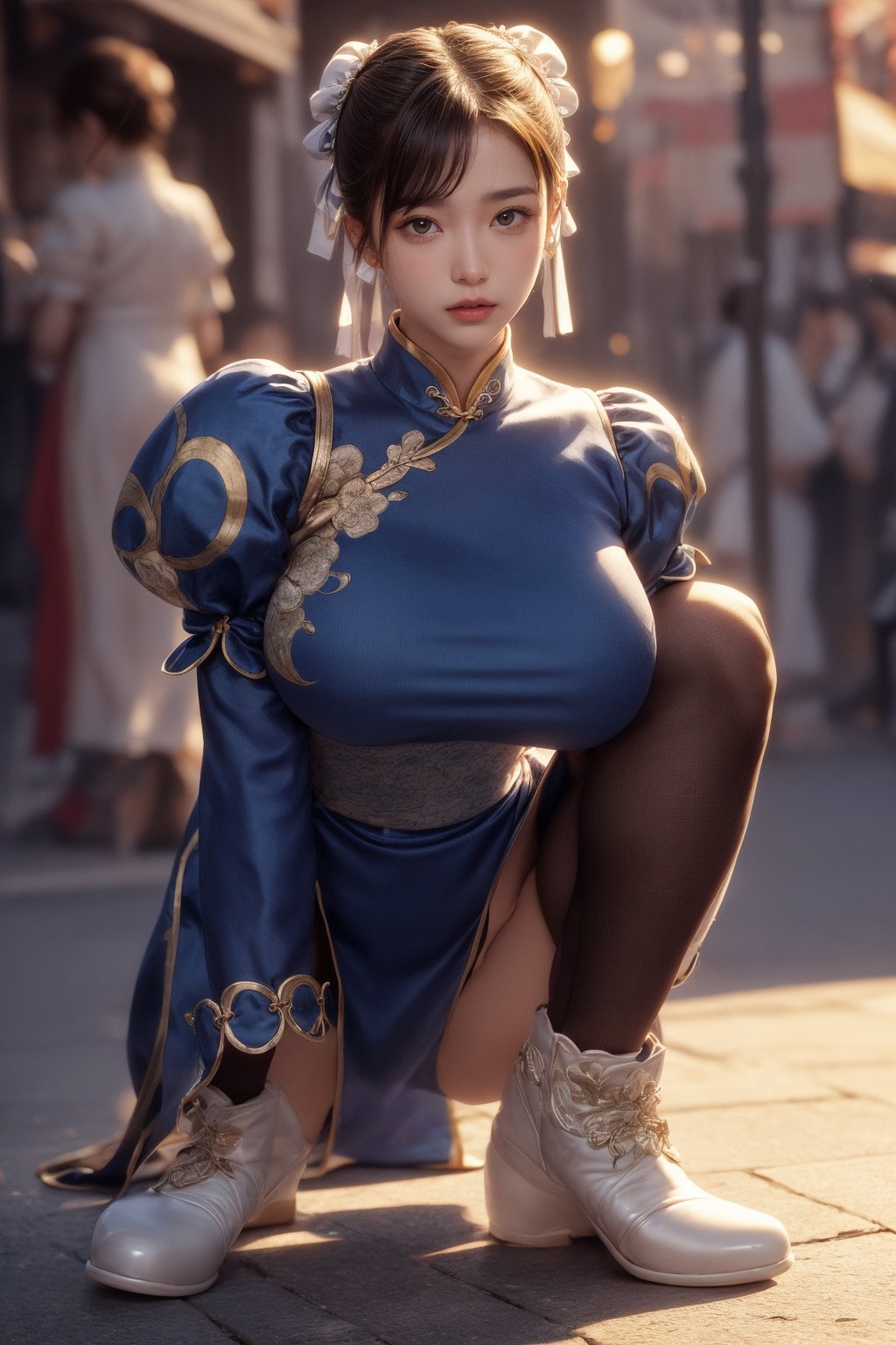 perfecteyes, best quality,good anatomy, pretty face,masterpiece, full_body,beautiful,good hands,long clothes HD, beautiful outfit , blue qipao, long qipao , SF2 CHUN, 3DMM, brown tights, big legs, streetfighter, muscular body, white boxing boots,look at the viewer , perfect shot, realistic, nice hair, pretty face, pretty eyes, nice hands, perfect body, perfect feets,3DMM, powerful shot, shining eyes, soft makeup, expressive eyes,SF2 CHUN , one side hair, strands of hair in eyes, brown eyes