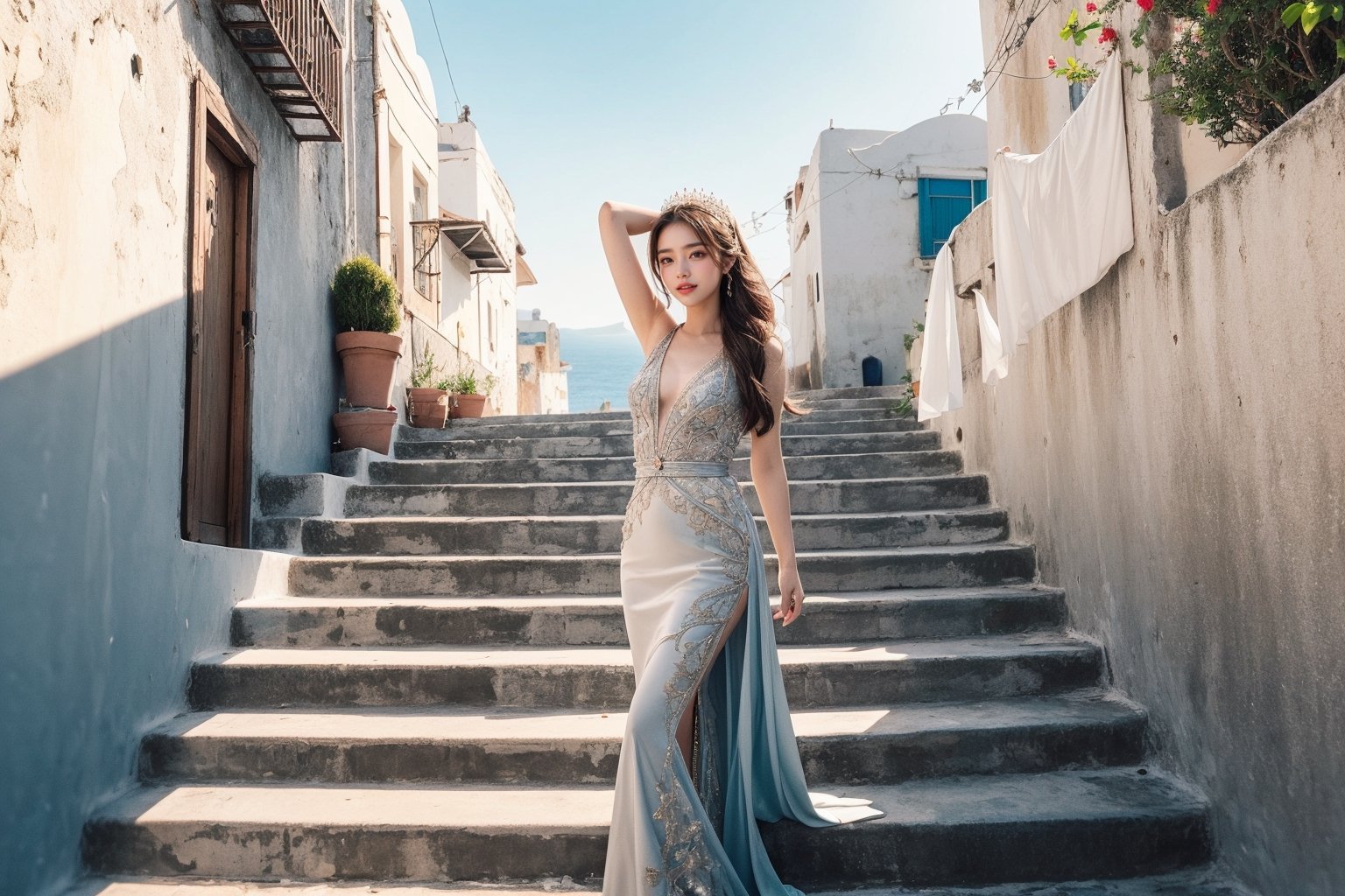 Princesa bonita, in long dress descends the stairs in Santorini,bright sunny smile. in style vogue/dior/armani, fashion photography,from below, beautiful old buildings and sea in the background. high definition, trending on artstation, intricate details, highly detailed,arm up