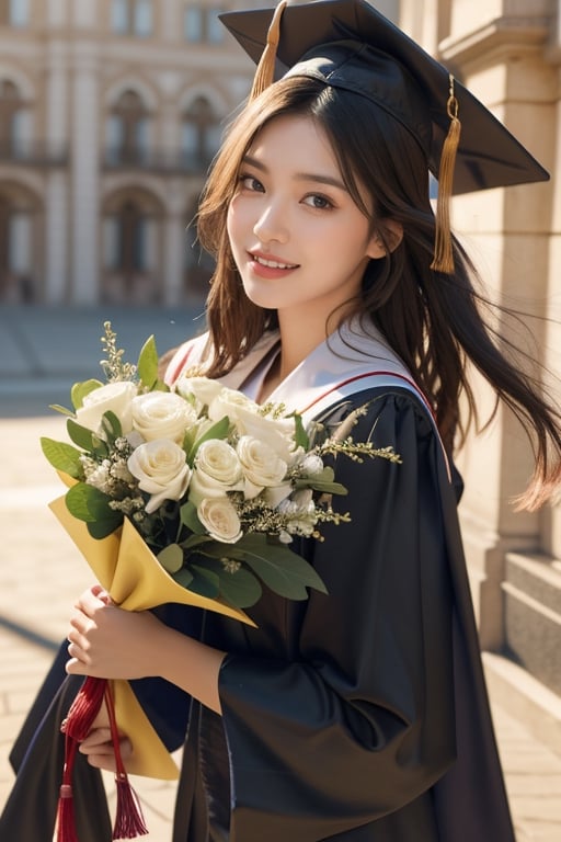 graduation ceremony,girl,college student,wearing graduation gown(black color),holding buquet,smile,Best Quality, 32k, photorealistic, ultra-detailed, finely detailed, high resolution, perfect dynamic composition, beautiful detailed eyes, sharp-focus, cowboy_shot,1 girl 