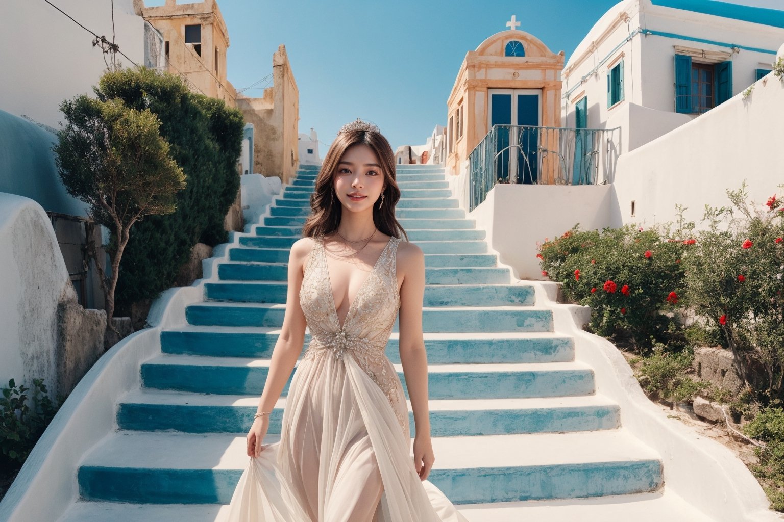 Princesa bonita, in long dress descends the stairs in Santorini,bright sunny smile. in style vogue/dior/armani, fashion photography, beautiful old buildings and sea in the background. high definition, trending on artstation, intricate details, highly detailed,