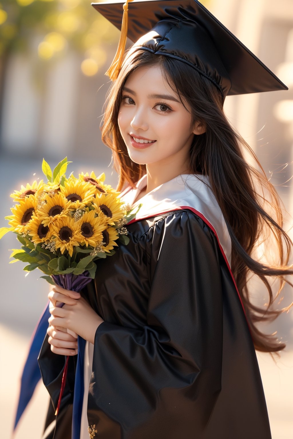 graduation ceremony,girl,college student,wearing graduation gown(black color),holding buquet,smile,Best Quality, 32k, photorealistic, ultra-detailed, finely detailed, high resolution, perfect dynamic composition, beautiful detailed eyes, sharp-focus, cowboy_shot, 