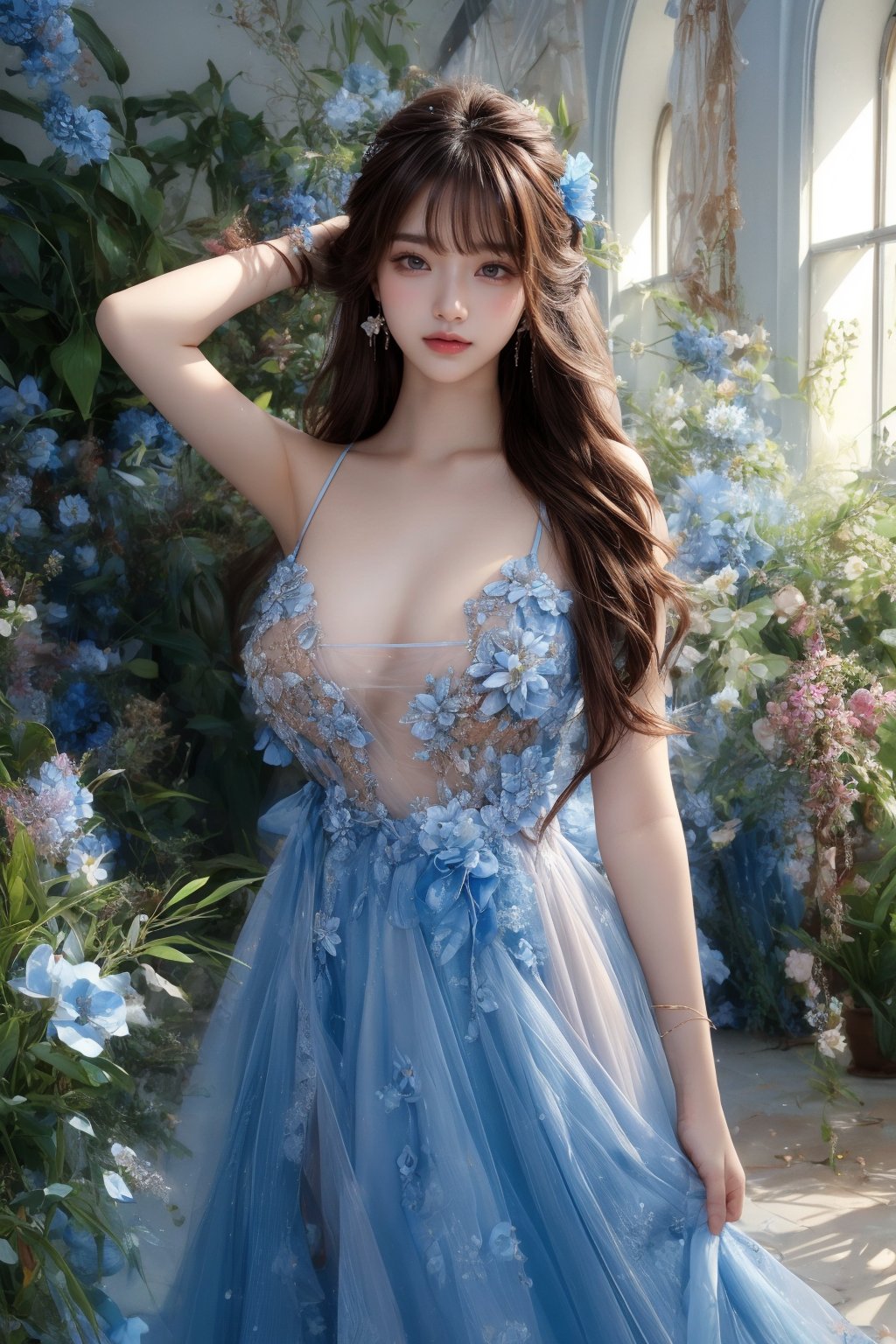 (Masterpiece, Best Quality, Photorealistic, High Resolution, 8K Raw), Smiling, Looking At Viewer, full Body, Light, 1 Girl, Solo, Beautiful Young Girl, 18 Years Old, (Long Hair, brown Hair, Bangs:1.3), hair ornament, bare shoulders, jewelry, collarbone, earrings, hair flower, hair bun, flower garden, blue flower dress, indoor studio,arms up,1 girl