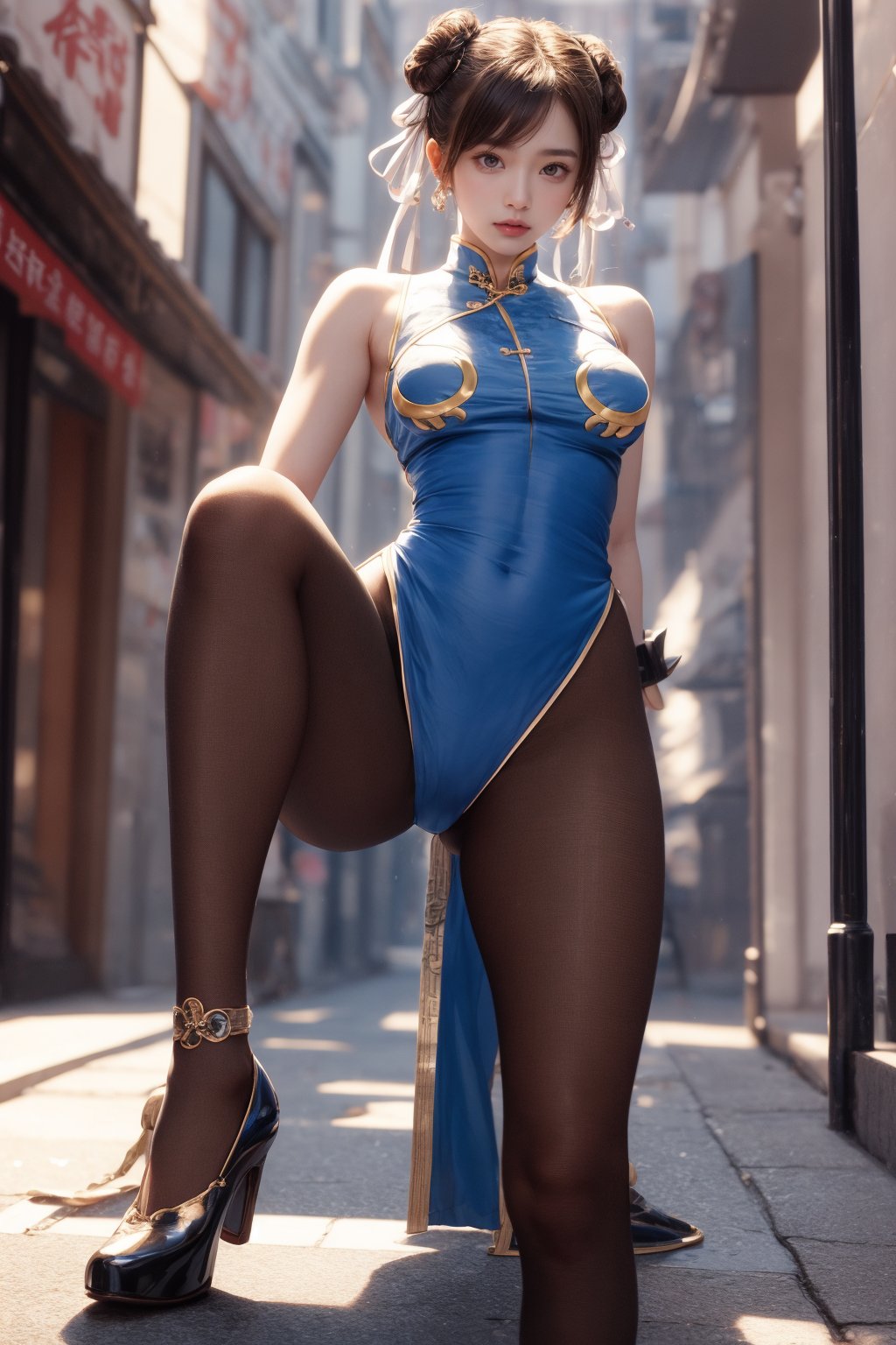 perfecteyes, best quality,good anatomy, pretty face,masterpiece, full_body,beautiful,good hands,long clothes HD, beautiful outfit , blue qipao, long qipao , SF2 CHUN, 3DMM, brown tights, big legs, streetfighter, muscular body, white boxing boots,look at the viewer , perfect shot, realistic, nice hair, pretty face, pretty eyes, nice hands, perfect body, perfect feets,3DMM, powerful shot, shining eyes, soft makeup, expressive eyes,SF2 CHUN , one side hair, strands of hair in eyes, brown eyes