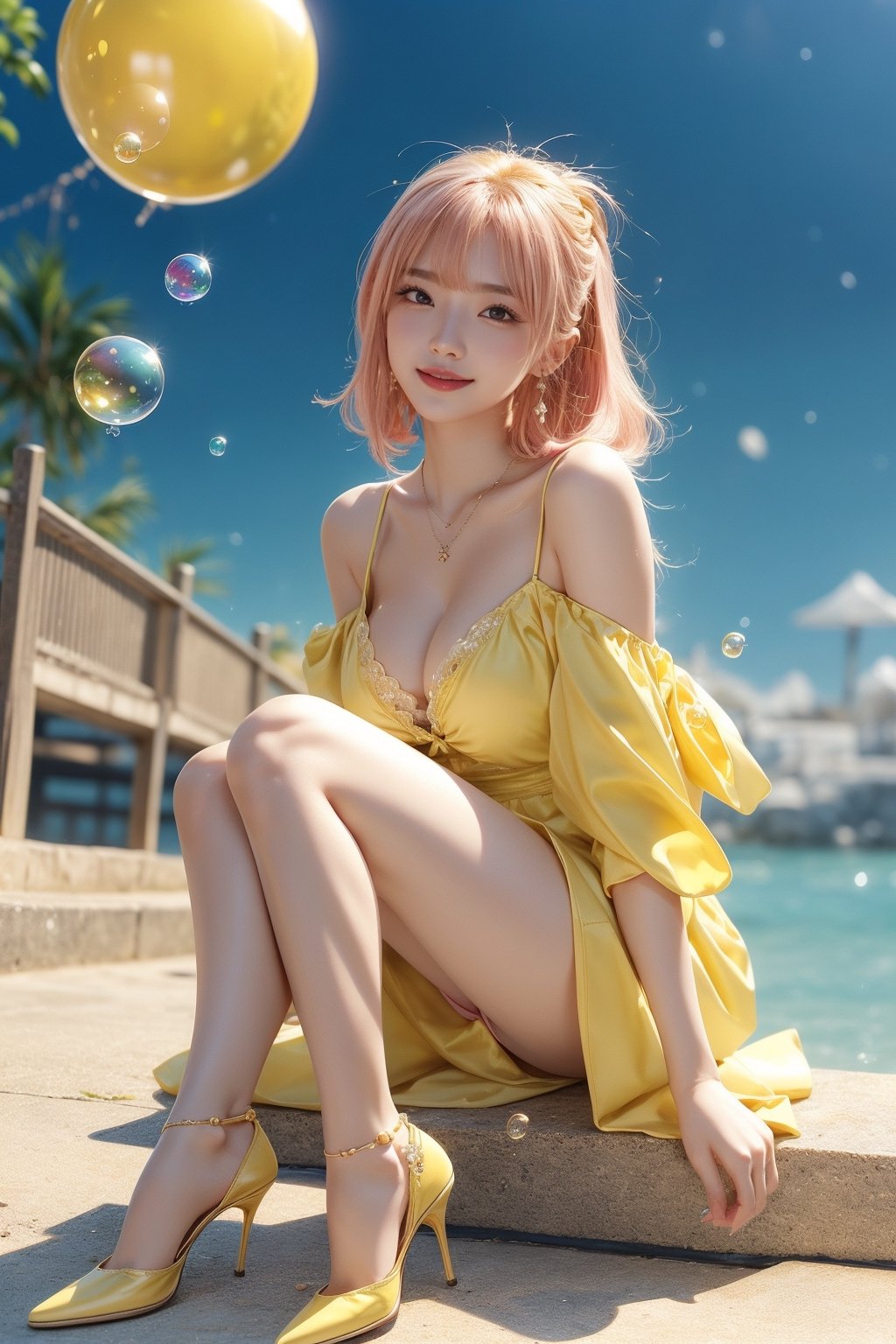 high quality, 8K Ultra HD, high detailed, masterpiece, A digital illustration of anime style, soft anime tones, Detailed illustration of many colorful soap bubbles falling from the sky on a beautiful Japan girl, pale yellow off-shoulder dress,Yellow spaghetti straps,(big smile:1.2),breasts,colorful colors, colorful girl,( pink hair:1.2), brown eye, (yellow pumps:1.2),accessories(necklace,ear_rings), luminism, three dimensional effect, enhanced beauty, Albert Anker, Kyoto Animation, Greg Rutkowski, Artgerm, WLOP, Alphonse Beeple, luminism, 3d render, octane render, Isometric, by yukisakura, awesome full color,(full body:1.2),model pose,bubble,sexy sitting