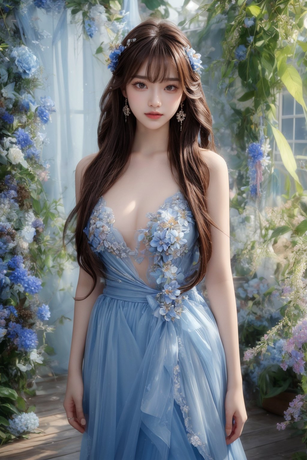 (Masterpiece, Best Quality, Photorealistic, High Resolution, 8K Raw), Smiling, Looking At Viewer, full Body, Light, 1 Girl, Solo, Beautiful Young Girl, 18 Years Old, (Long Hair, brown Hair, Bangs:1.3), hair ornament, bare shoulders, jewelry, collarbone, earrings, hair flower, hair bun, flower garden, blue flower dress, indoor studio,arms up,1 girl