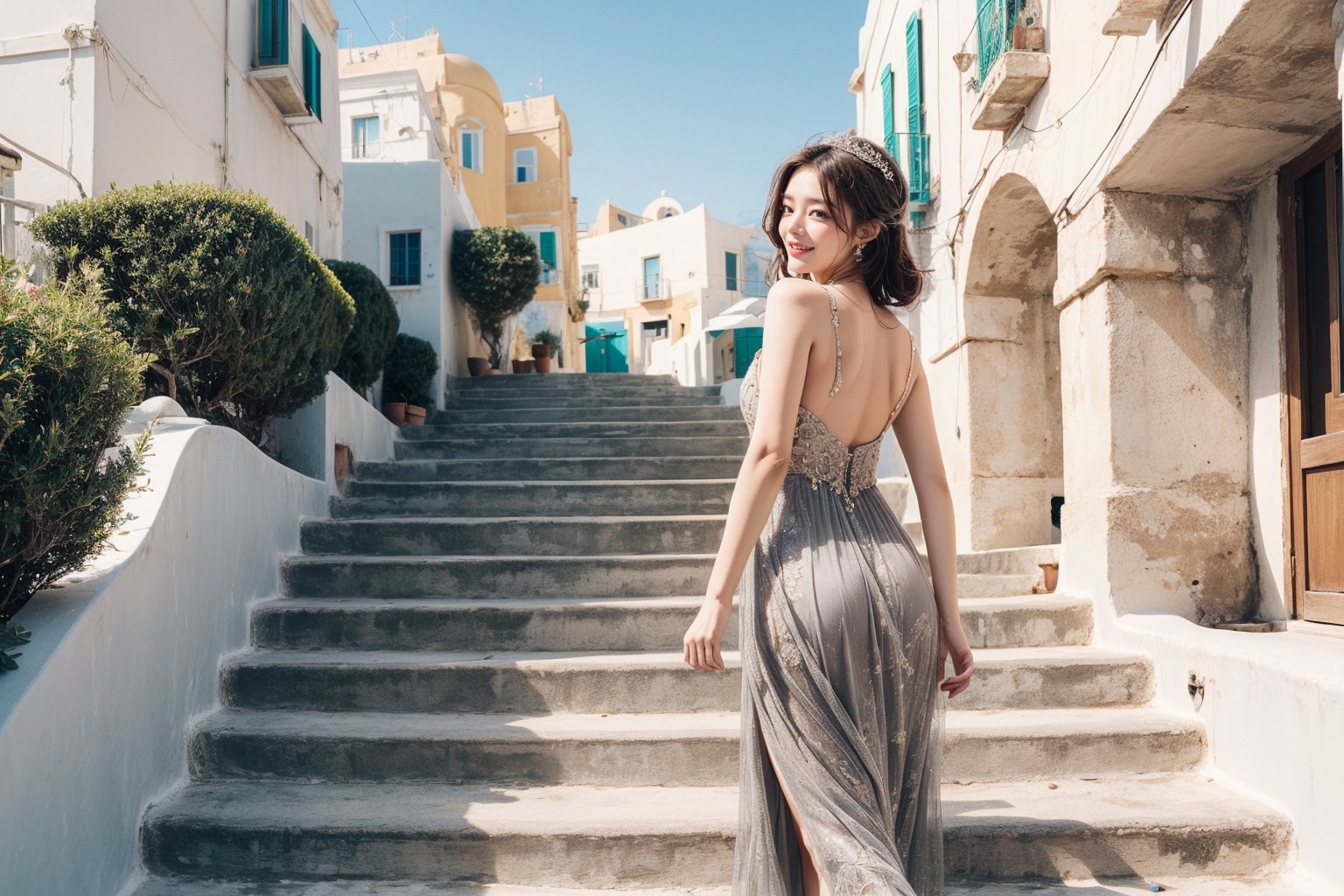 Princesa bonita, in long dress go up the stairs in Santorini,looking back at viewer,bright sunny big smile. in style vogue/dior/armani, fashion photography, beautiful old buildings and sea in the background. high definition, trending on artstation, intricate details, highly detailed,walking posture