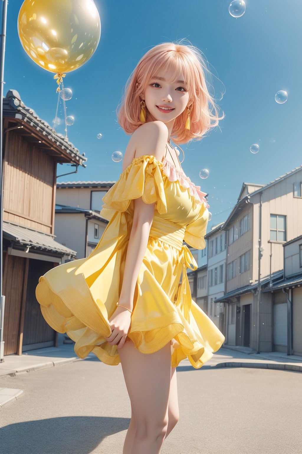 high quality, 8K Ultra HD, high detailed, masterpiece, A digital illustration of anime style, soft anime tones, Detailed illustration of many colorful soap bubbles falling from the sky on a beautiful Japan girl, pale yellow off-shoulder dress,Yellow spaghetti straps,(big smile:1.2),breasts,colorful colors, colorful girl,( pink hair:1.2), brown eye, (yellow pumps:1.2),accessories(necklace,ear_rings), luminism, three dimensional effect, enhanced beauty, Albert Anker, Kyoto Animation, Greg Rutkowski, Artgerm, WLOP, Alphonse Beeple, luminism, 3d render, octane render, Isometric, by yukisakura, awesome full color,(full body:1.1),bubble,look back at viwer